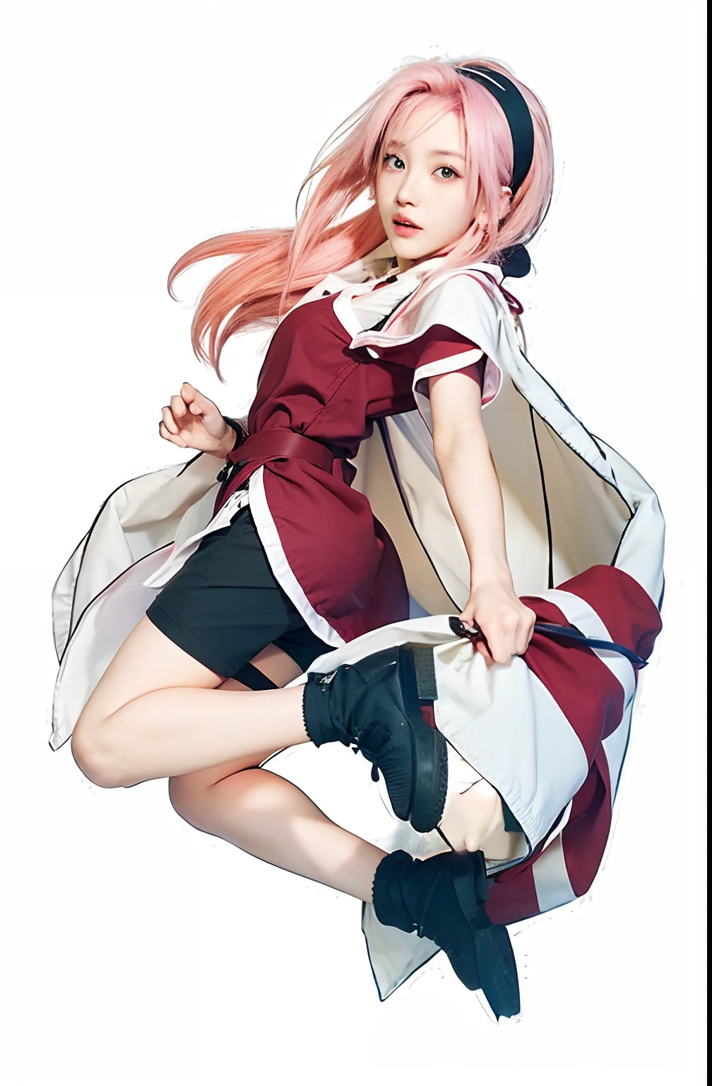 Real life adaption of this character,her name is sakura haruno from anime Naruto,she has a realistic same pink hair with a red headband, realistic same outfit, realistic same apron, beautiful korean face, she has green eyes color, realistic light, realistic shadow, realism, hyper realistic,(photorealistic:1.2)