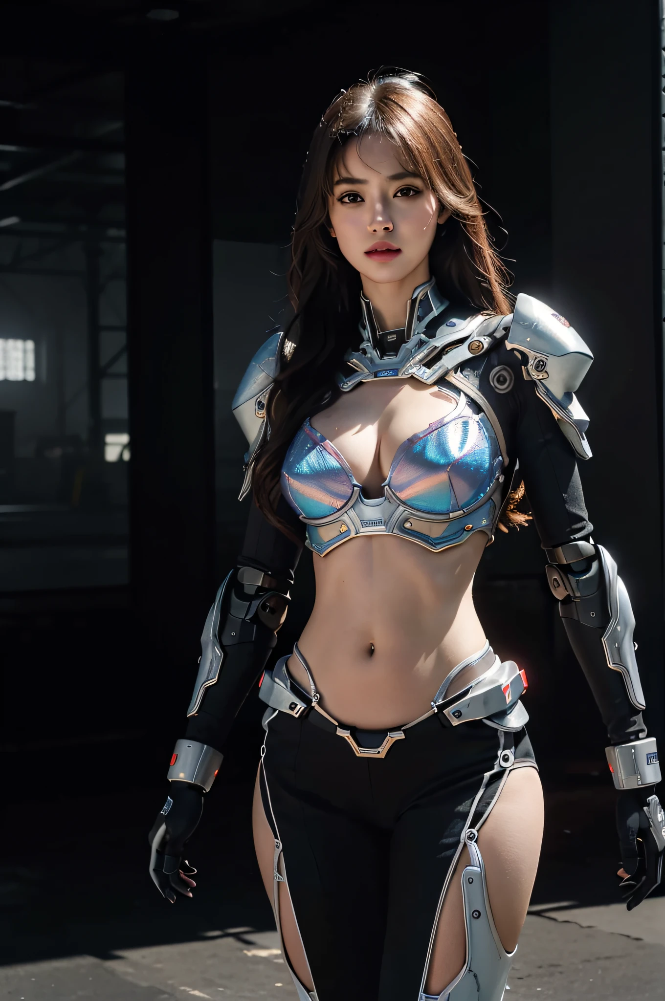 ((masterpiece, best quality)),illustration,ultra detailed 8k,detailed face, photorealistic,sharp focus,highly detailed,professional lighting,colorful details,iridescent colors BREAK extreme long shot of a factory,large mechanical robot construction,microchip,computer,glowing,intricate details,shitu-mecha,1girl is standing in front of the audience,Navel