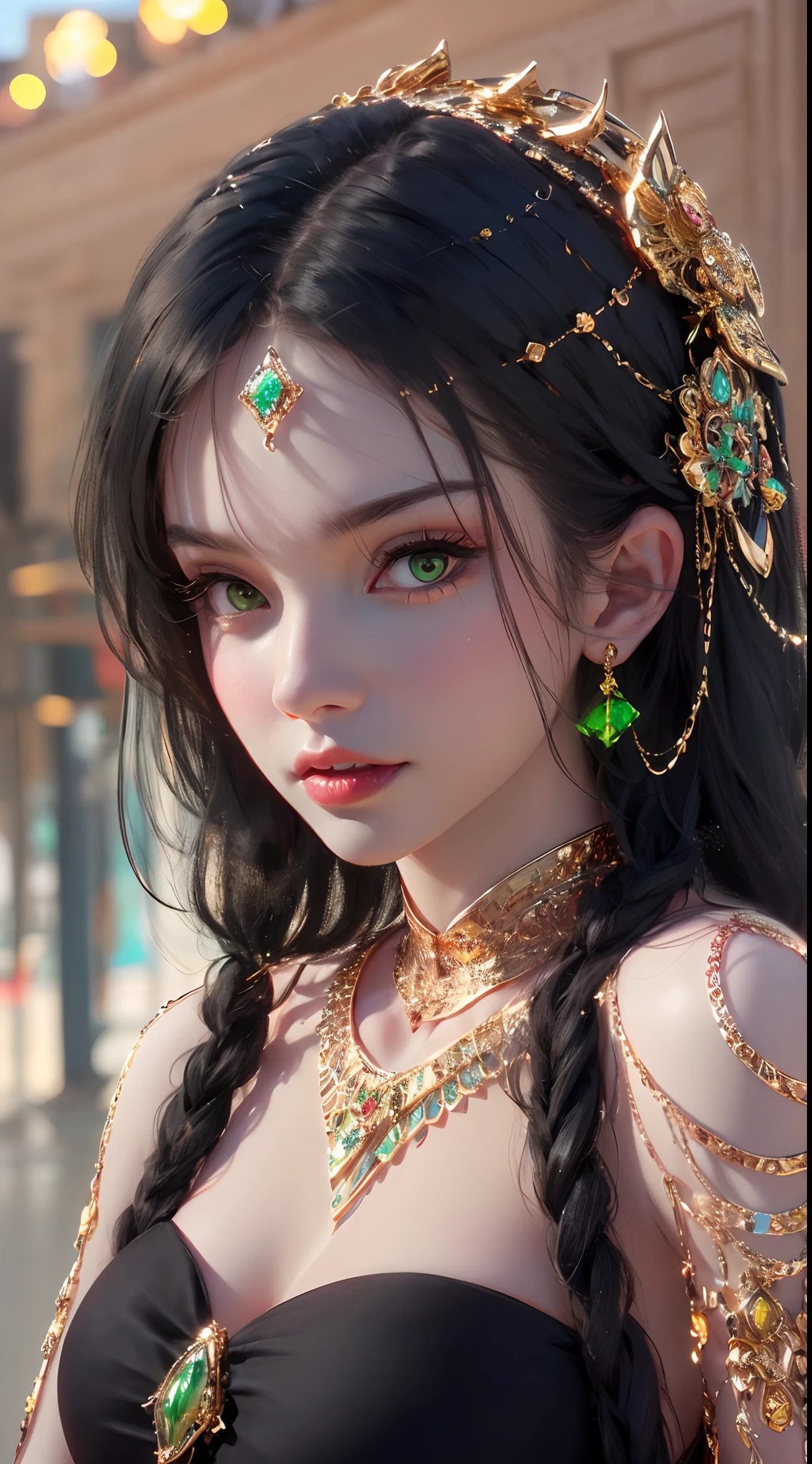 1 beautiful young princess, ((beautiful princess no longer a child:1.8)), ((wearing a black armored dress with gold trim in ancient hanfu style:1.6)), (((Exquisite patterns on the skirt:1.6))), ((braided hair with long black bangs: 1.6)), ((long bangs:1.6)), ((hair jewelry:1.9)), ((upper body gold jewelry:1.9)), ((Very delicate gold necklaces:1.7)), ((earrings with emeralds:0.8)), noble, noble style of an extremely beautiful girl, super cute little face, very pretty face, fur thin eyebrows, flawless beautiful face, ((black eye pupils: 0.8)), very beautiful eyes, ((green eyes eyes: 1.6)), beautiful makeup and detailed hairdo, eyelashes, eye makeup wet, high nose, earrings, red lips, ((closed mouth: 1;5 )) beautiful lips, slim hands, ((arms spread out to the sides: 1.7)), rosy face, clean face, flawless beautiful face, smooth white skin, firm breasts, nice cleavage, ((super big and round breasts: 1.6)), beautiful breasts, perfect body, ((Sit back and puff out your chest, arms behind you:1.6)), 8k photos, super high quality, super realistic, super 10x pixels, optical, bright studio, bright edges, two-tone lighting, (high detail skin:1.2), super 8k, soft lighting , high quality, volumetric light, optical, optical high resolution, light, best photo, 4k, 8k quality, blur effect, smooth sharpness, 10 x pixels, ((beach at night background:1.5)), aurora, lightning, super realistic graphics, most realistic graphics, alone, solo, Extremely sharp, surreal images, (((frontal portrait: 1.3)))."