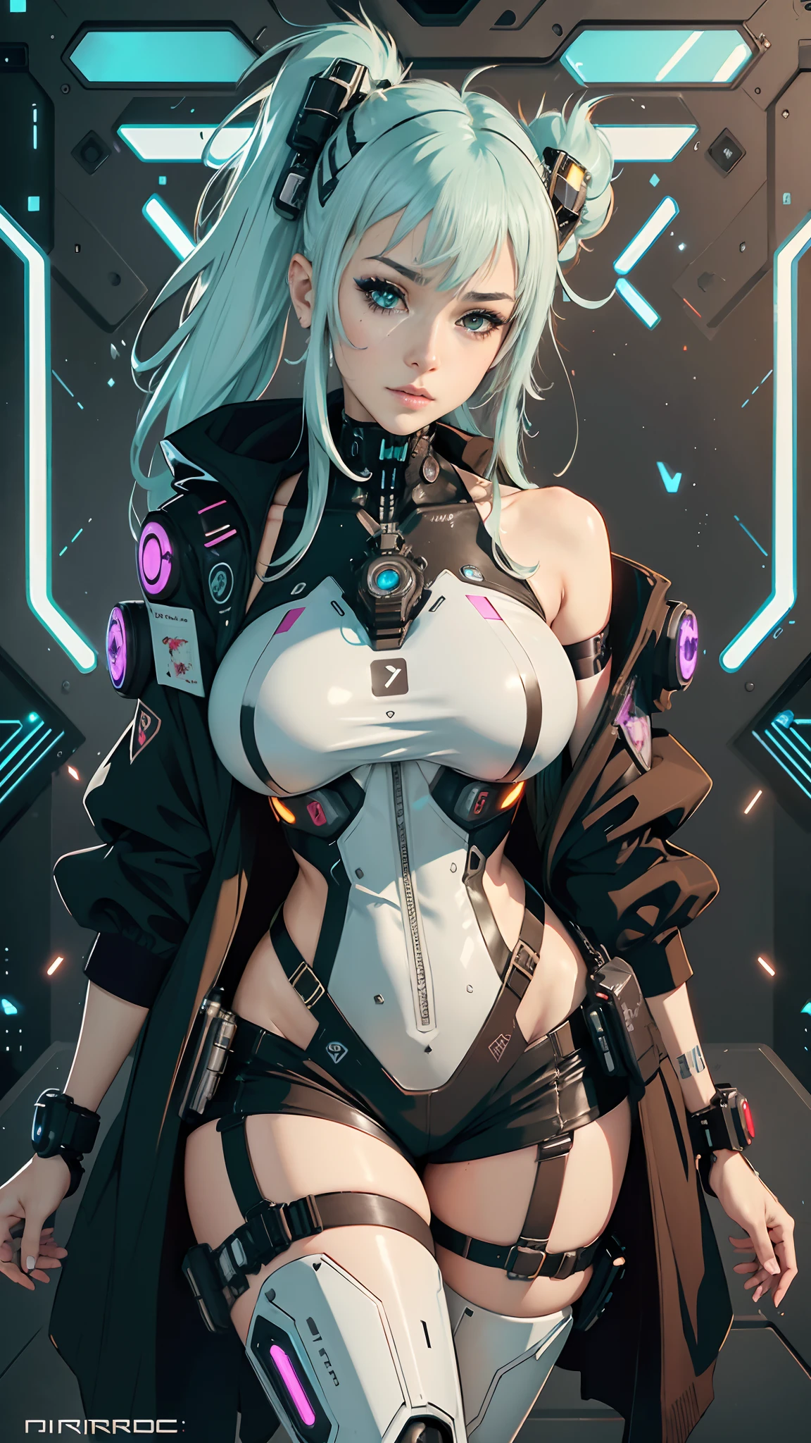 Woman with big wet marked breasts in a futuristic outfit posing for a photo, Cyborg girl, Cute Cyborg Girl, Female cyberpunk anime girl, Cyberpunk anime mech girl, Cyberpunk girl, sci-fi female,  WLOP. Scifi,  seductive cyberpunk dark fantasy, cyberpun anime girl, in the style of tarot card, art by Dmitry Sergeev