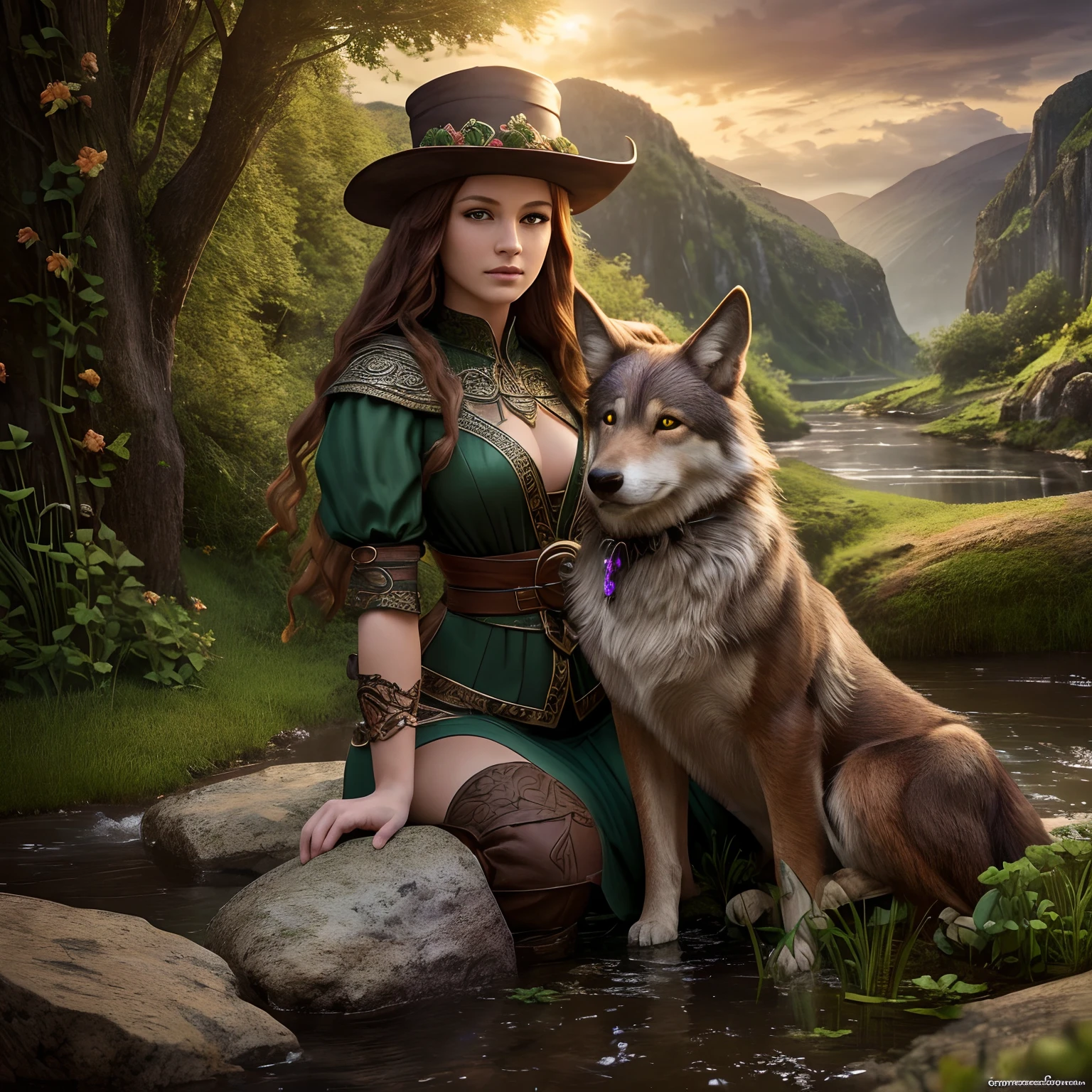 high details, best quality, 8k, [ultra detailed], masterpiece, best quality, (extremely detailed), dynamic angle, (ultra wide shot), RAW, photorealistic, fantasy art, dnd art, rpg art, realistic art, a wide angle picture of a female fae ranger and her pet wolf, warrior of nature, fighter of nature, full body, [[anatomically correct]]. dynamic position (1.5 intricate details, Masterpiece, best quality) talking to a wolf (1.6 intricate details, Masterpiece, best quality) in center of rustic village (1.5 intricate details, Masterpiece, best quality), a female wearing (medium length dark green dress) with thigh high leather boots and hat (1.6 intricate details, Masterpiece, best quality), thick hair, long hair, red hair, fair skin intense ((brown)) eyes, small rustic village (1.6 intricate details, Masterpiece, best quality), a stream flowing nearby in the backgraound (1.4 intricate details, Masterpiece, best quality), dawn light, clouds (1.4 intricate details, Masterpiece, best quality), dynamic angle, (1.4 intricate details, Masterpiece, best quality) 3D rendering, high details, best quality, highres, ultra wide angle, celtic fantasy, (clovers), poison ivy, fae, wearing green tophat, pixie, fairy, celtic, celtic fantasy art, celtic fantasy, beautiful fairie, beautiful fairy, very beautiful fantasy art, Autumn, beautiful autumn spirit, fall season, (Dark colored roses), perfect creation, perfect art, highly detailed, detailed art, masterpiece, perfect creation, perfect art, (outlined iris), ((perfect eyes)),