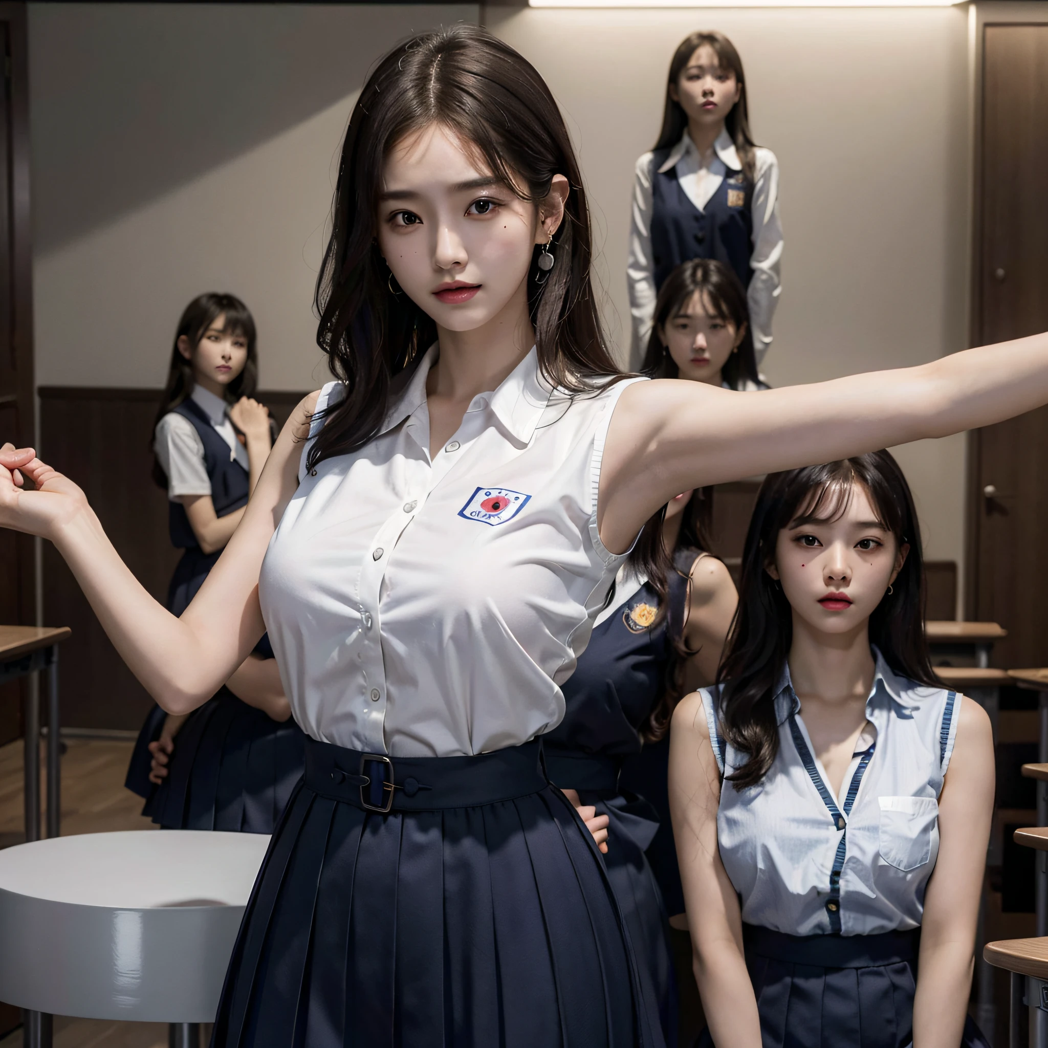 absurdres, RAW photo, extremely delicate and beautiful, masterpiece, Best Quality, ultra high resolution, 16k, hyperrealistic, ultra-detailed, Very detailed CG 8k wallpaper, Beautiful Lighting, Perfect Lightning, Realistic Shadows, perfect anatomy, super Detailed skin, perfect figure, Japanese woman, late 20s, very Slim body, narrow waist, very small head, handsome detailed woman, very detailed eyes and face, realistic face proportions, Stunning detailed eyes, Realistic beautiful face, very small face, Realistic small beautiful eyes, double eyelids, makeup, tearful mole, mole on chest, earring, bare legs, beautiful and very thin legs, beautiful and very thin thighs, (((very huge round breasts))), (((full body shot))), ((short hair)), wavy hair, (((korean school uniform, summer school uniform shirt, dress shirt, sleeveless))), (midriff peek), (((yuri))), (((((5 girls))))), (hug),