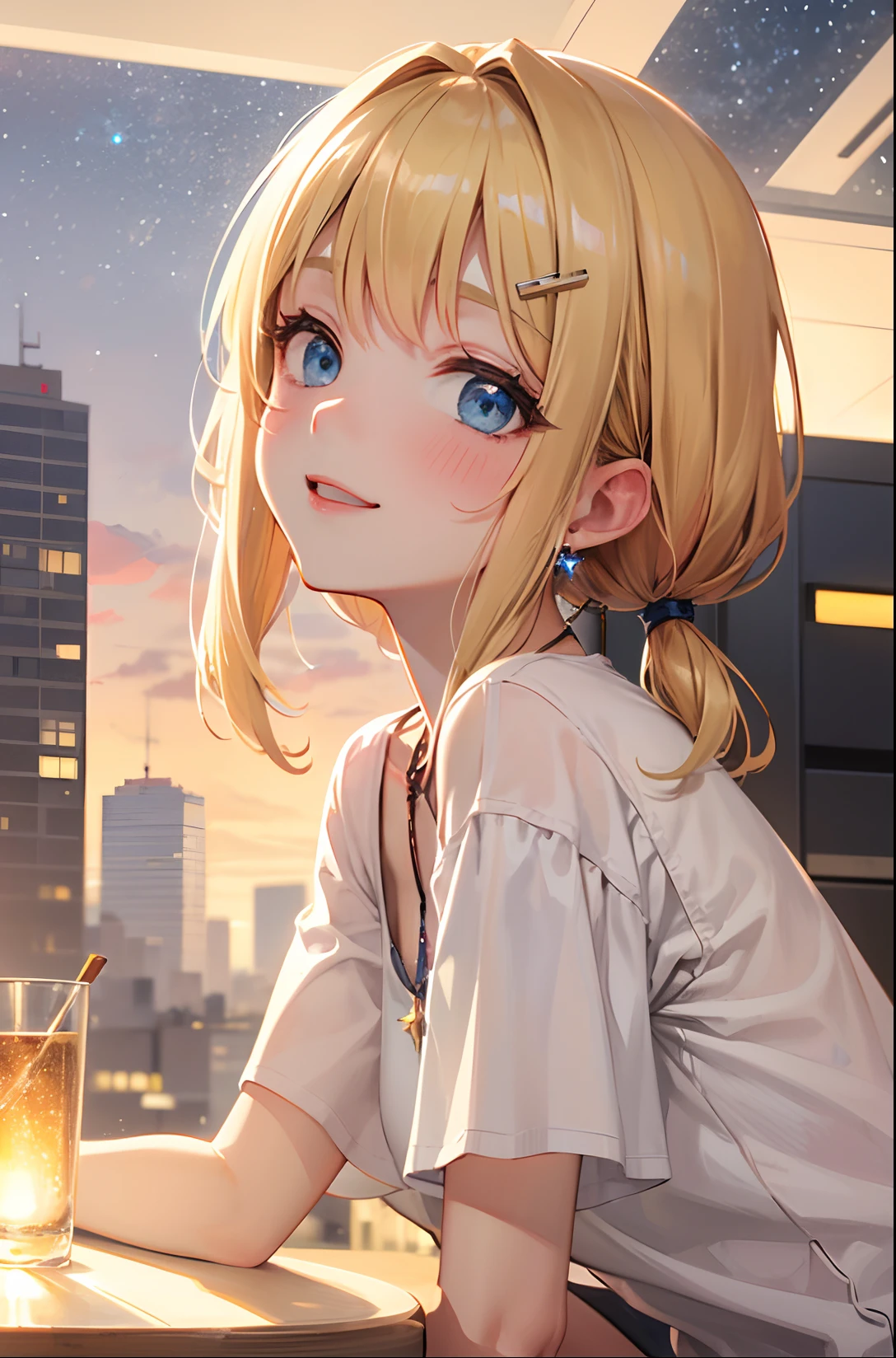 absurderes, ultra-detailliert,bright colour, extremely beautiful detailed anime face and eyes,octane, skyporn, Star (skyporn), (Starry sky:1.2), Night, 1girll, nigh sky, Solo, Outdoors, building, cloud, Milky way, Sitting, tree, city, silhuette, Cityscape, (look up sky:1.3),(From Side:1.3),8K, Beautiful night sky, Ray tracing,Short hair, , asymmetrical bangs, Blonde hair with short twin tails, Shiny hair, Delicate beautiful face, Happy smiling face、red blush、(Deep Blue Eyes:1.4)White skin, hair clips, earrings, a necklace,