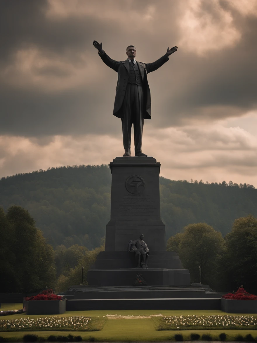 (masterpiece), vast landscape, big statue of Hitler, Nazi Salute pose, in color of black, nazi flags,