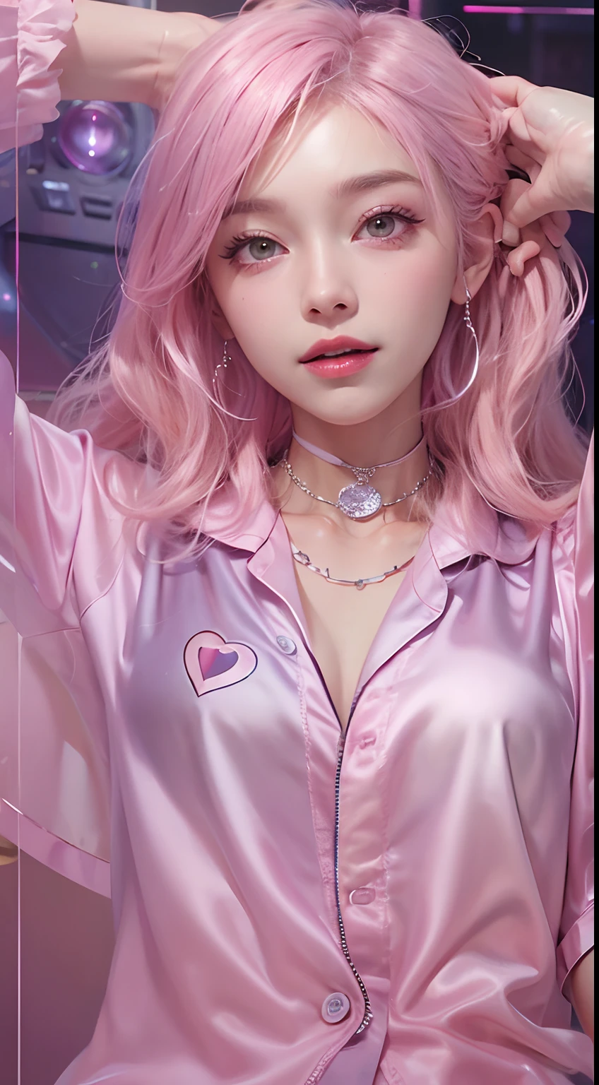 1girll,(Captivating quality:1.4),(True textured skins of the highest quality), Delicate face,Pink twin-tailed hair, Gradient Hair, (perfect bodies:1.1),Heart-shaped choker、long eyelasher,grin, hyperphotorealism, Cinematic lighting, projected inset, surrealism, hyper HD, masutepiece,Dream On,Please wear clear silk pajamas,Carmelto,tattooed,Fantasy space,Luxurious space