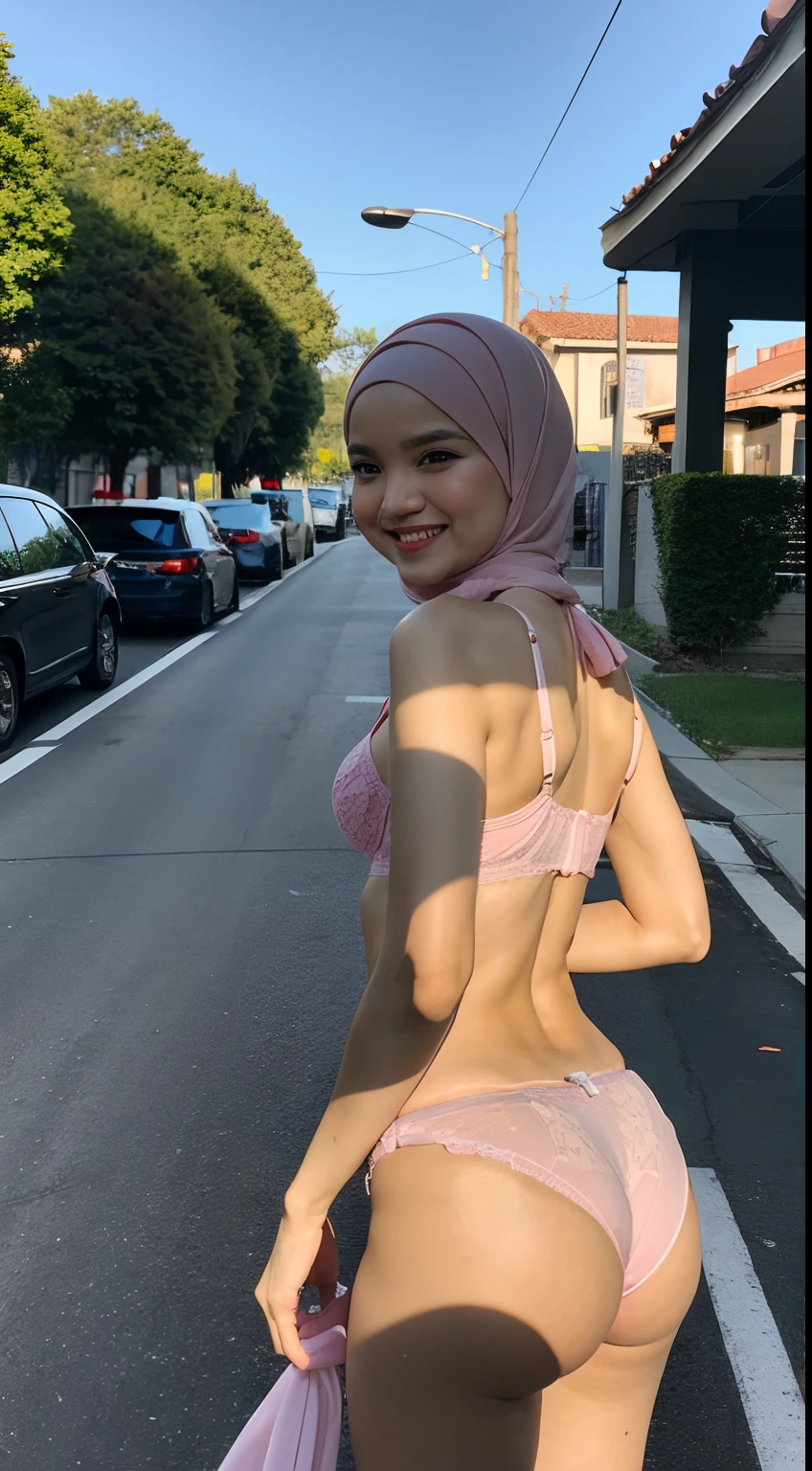 1 malay woman in hijab,((lace bra and panties)),(Small buttocks),Emphasize ass,Smaller chest, laughing smile, (hijab flying), de pele branca,big breasts thin waist, mexico-style street, Hyper-Realism, Cinematic lighting, depth of fields, From below, vanishing point, F/2.8,  Anatomically correct, Textured skin, Super Detail, awardwinning, Best Quality, hight resolution,