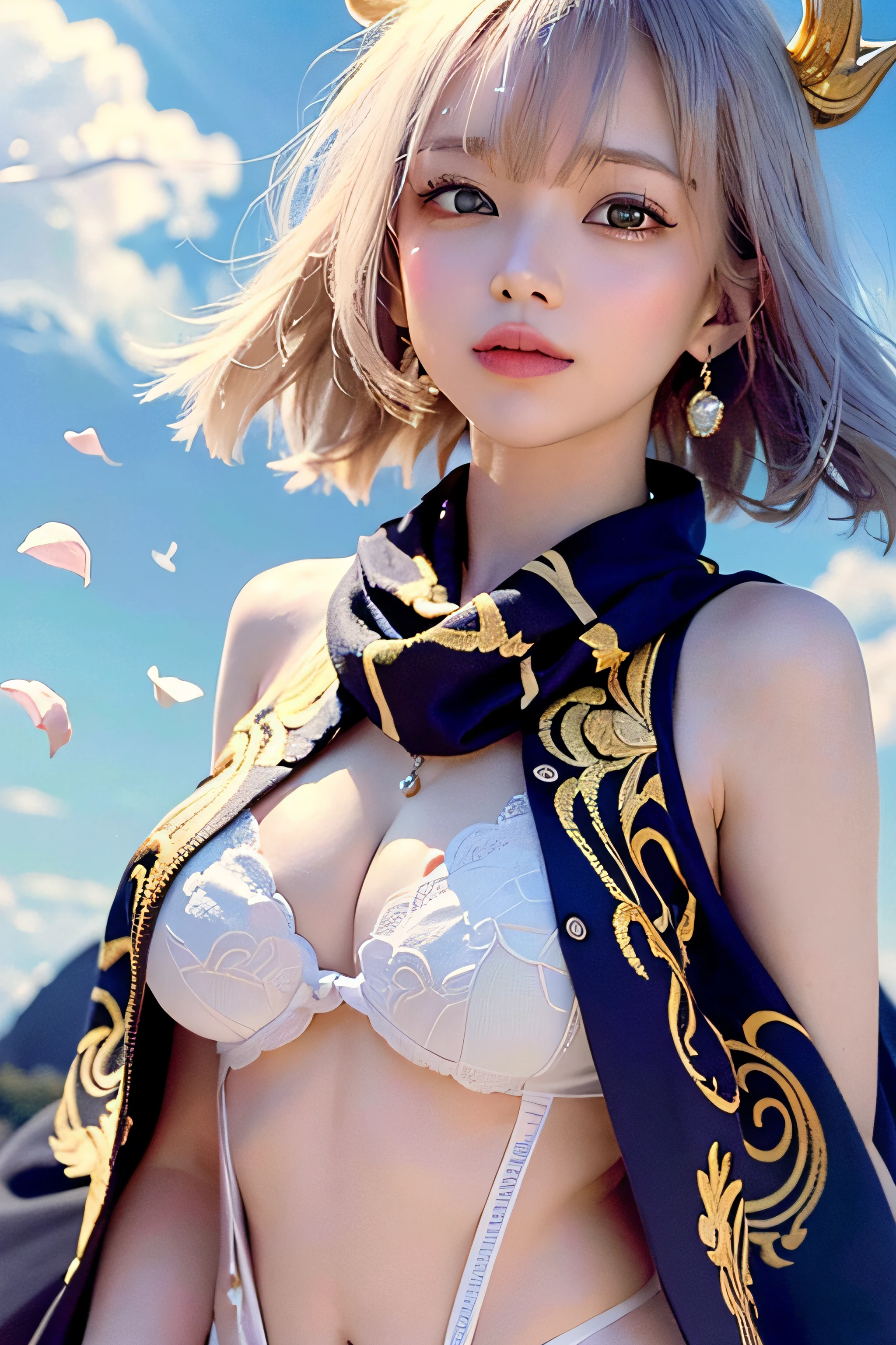 Trip (Only slim shoulder straps, Ultra-low-cut top)( Very close view ) Face view , clothes see-through (((Outdoor paradise))), ((Petals flying in the air )),Light smile,,camel-toe,(Crystal colorful lights),,Soft clouds,((|Cover with a scarf)), ((Cute clothes that are short and wide|no underwares|Slightly perspective ) ((greek architecture,Bohemian architecture,Hindu temples,Thai snacks,Thai style)) starrysky,Beautiful
((Masterpiece)),(realisticlying:1.2),best qualtiy,high high quality,absurderes,rich colourful,stunning art,best qualtiy, ultra - detailed,beautifuldetails, reflective hair,Good lighting, Ray traching, depth of fields,ultra - detailed,illustratio,astounding,finedetail,The is very detailed, ((ultra - detailed)), (Beautiful Meticulous Girl), Beautiful detail glow, Complicated details, A high resolution, Extremely refined and beautiful,beatiful detailed eyes, hdr, Round eyes, detailedfacialfeatures,(Round pupils:1.4) (illustratio),(美丽细致的眼睛)(Very very detailed face)), depth of fields,(alluring face)((ssmile:1.3)), Smiling lips, (looking at viewert:1.1) closeup cleavage, wide wide shot, Side Body, photore, lewd poses , Moody light, Sistine Phil Beldev, Smile,(((Masterpiece,Best quality,A high resolution)))),Extremely detailed 8K,Beautiful girl with busty body,(hyper HD,ultra - detailed,High detail,high realistic,Ultra-realistic,Photo realism),(1girll:1.5),(realistic dark hair),Short curly hair,Bob cuts hair,(Dynamic posture),Face the camera,A shallow smile,Open lips,Light blue eyes,Average chest,
(Beautiful and detailed face,Beautiful and delicate eyes),Sunlight),(Beautiful buttocks 0.5),Color backlight
split, Cover your chest with only your hands,hips bare,earring,Pink sexy yarn,((Striped underwear、Black openwork underwear、Transparent embroidered tulle underwear set,Gold bracelets,Pink lace gloves))Lace pantyhose、Lace gloves、Wedding headscarf、pearls necklace,(toppless)(Very small panties),Moles under eyes, ((Gray-blue hair)),Crystal glowing necklace
