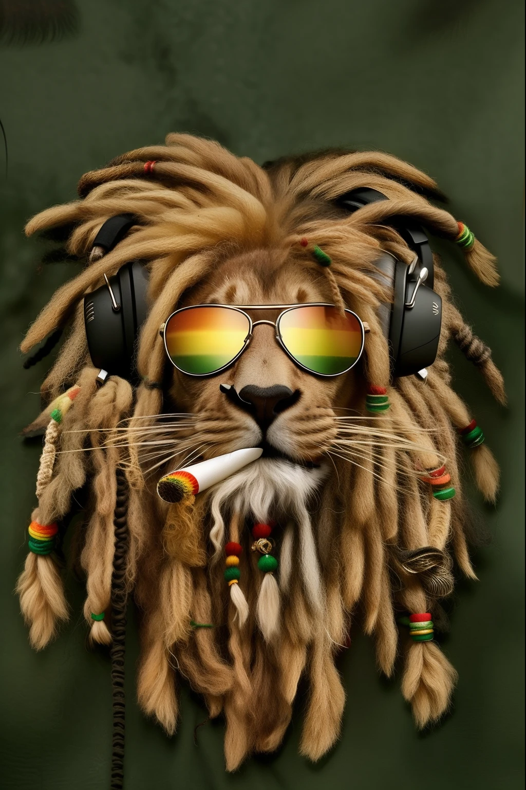 um close up de um gato com dreads e fones de ouvido ligados, Rastafari, arte raggae, dreads, Hippie, Jamaican vibe, Junglepunk, Rasta, dreadlocks, Reggae, Rei da selva, ganja, olhando heckin legal e elegante, lots of dreadlocks on the head, Dreadlocks afro vermelhos em chamas, hippie