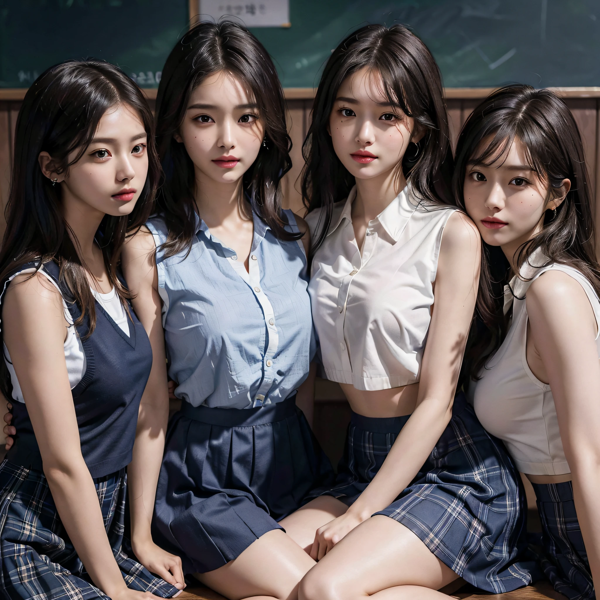absurdres, RAW photo, extremely delicate and beautiful, masterpiece, Best Quality, ultra high resolution, 16k, hyperrealistic, ultra-detailed, Very detailed CG 8k wallpaper, Beautiful Lighting, Perfect Lightning, Realistic Shadows, perfect anatomy, super Detailed skin, perfect figure, Japanese woman, late 20s, very Slim body, narrow waist, very small head, handsome detailed woman, very detailed eyes and face, realistic face proportions, Stunning detailed eyes, Realistic beautiful face, very small face, Realistic small beautiful eyes, double eyelids, makeup, tearful mole, mole on chest, earring, bare legs, beautiful and very thin legs, beautiful and very thin thighs, (((very huge round breasts))), (((full body shot))), ((short hair)), wavy hair, (((korean school uniform, summer school uniform shirt, dress shirt, sleeveless))), (midriff peek), (((yuri))), (((((3 girls))))),