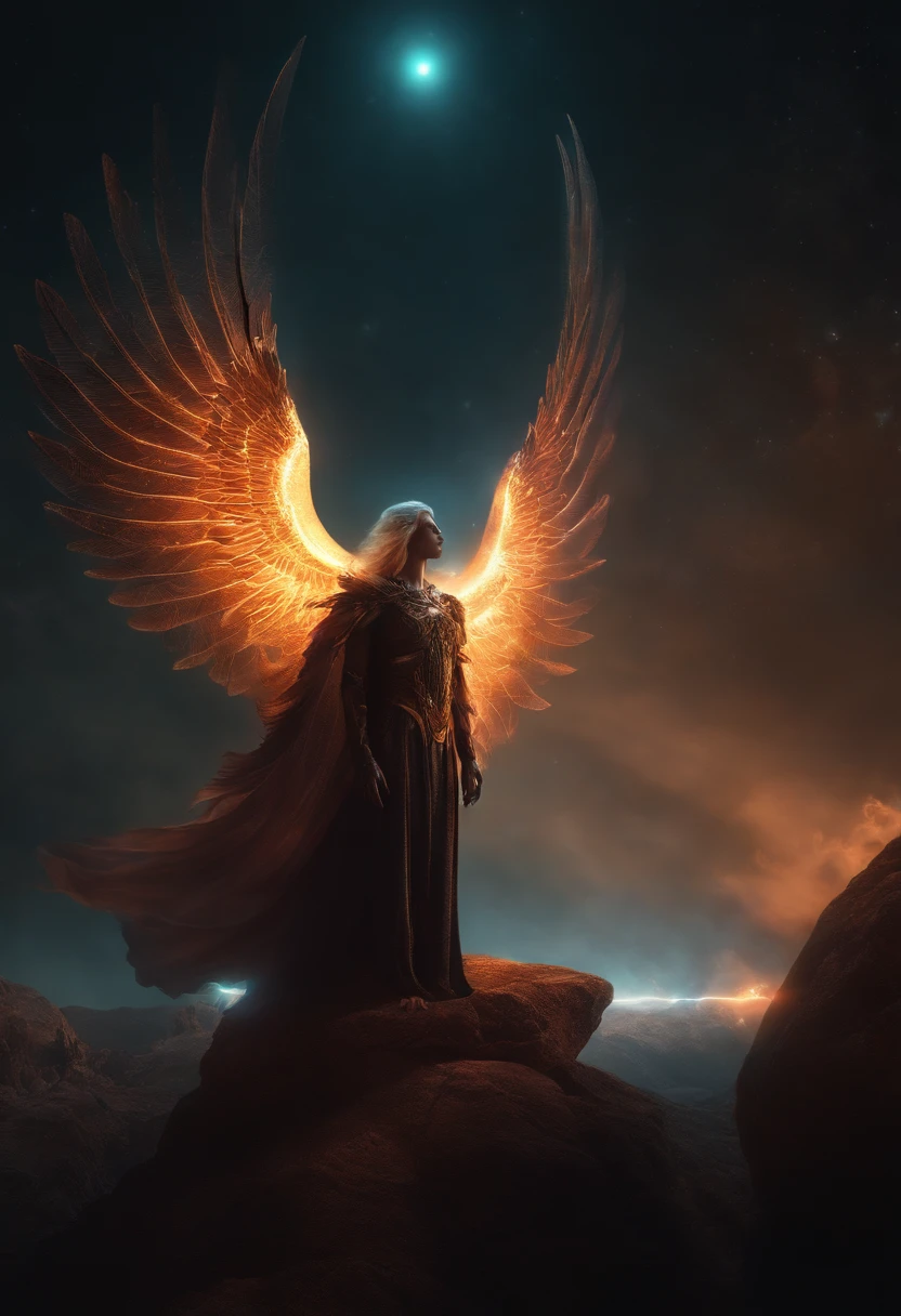 Cosmic Fallen Angel, glowing light eyes, Biomechanical, eerie, Creepy, nightmarish, Very bright colors, Light particles, with light glowing, Mshiff, wallpaper art, UHD wallpaper