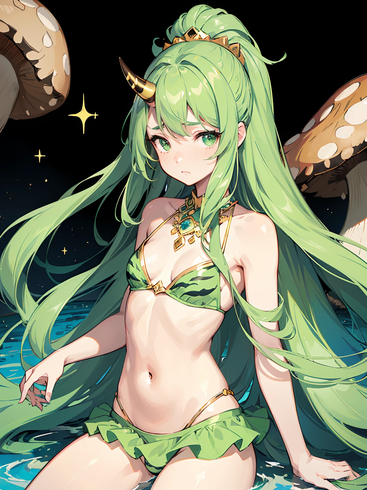 (cute girl:1.2), (starly eyes),
(sparkle skin), (embarrassed mood:1.2),
(long hair, slightly wavy hair, green gradation hair:1.2), (small horn:1.3), (mushroom on head:1.3),
break
(bikini, frills, tiger pattern), cleavage,
wearing gorgeous accessories, necklace,
(medium breast:1.2), (focus hip:1.3),
break
(pool edge:1.3), (sitting on edge), (looking viewers:1.2),
break
(hyperrealistic, raw photo), (pastel:1.2), (flat color:1.2),