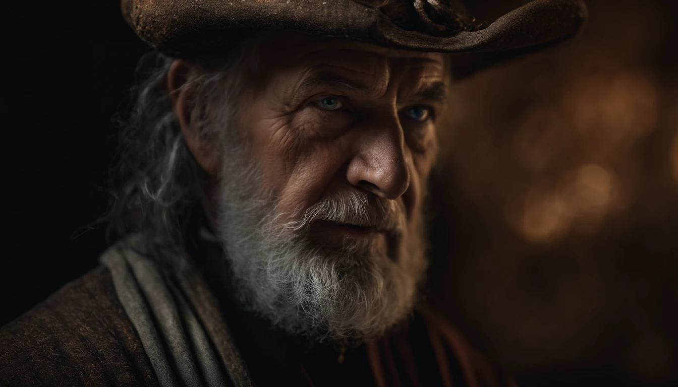 A portrait of a wizard, bearded, wrinkled, weathered, with piercing eyes, detailed face, high details, photography, dark studio, rim light, Nikon D850, 50mm, f/1.4
