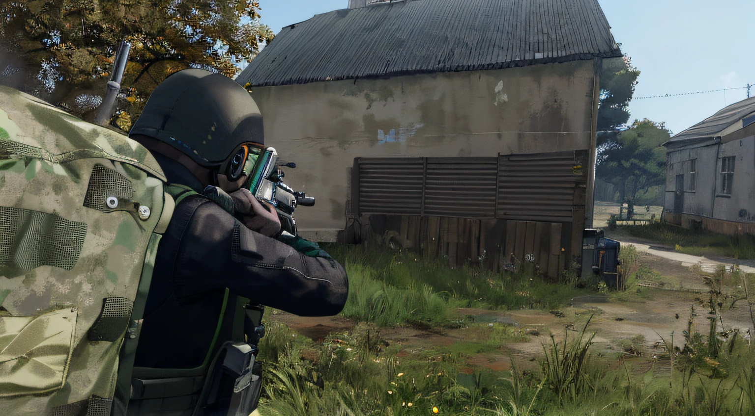 Man in green jacket holding a gun in front of a building, Captura de tela de um FPS, fps view, no jogo, tiro no jogo, .cs:ir captura de tela, Jogo de FPS, shooting it into a building, no jogo, em dayz, military outpost, in - jogo, captura de tela fotorrealista, photorealistic content, Jogo, high definition screenshot