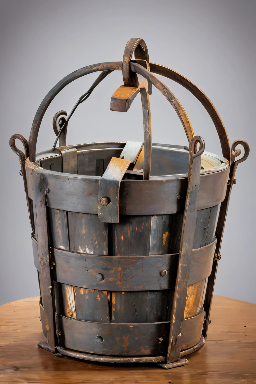 there is a wooden basket with a handle on a table, by George Barret, Jr., quirky 1 9 th century, by Samuel Washington Weis, breathtaking detail, made in 1800's, by John Ellsworth Weis, by George Barret, Sr., by Robert Brackman, perfect detail, made of intricate metal and wood, front portrait , now stands proudly in the Modena Cathedral , italy