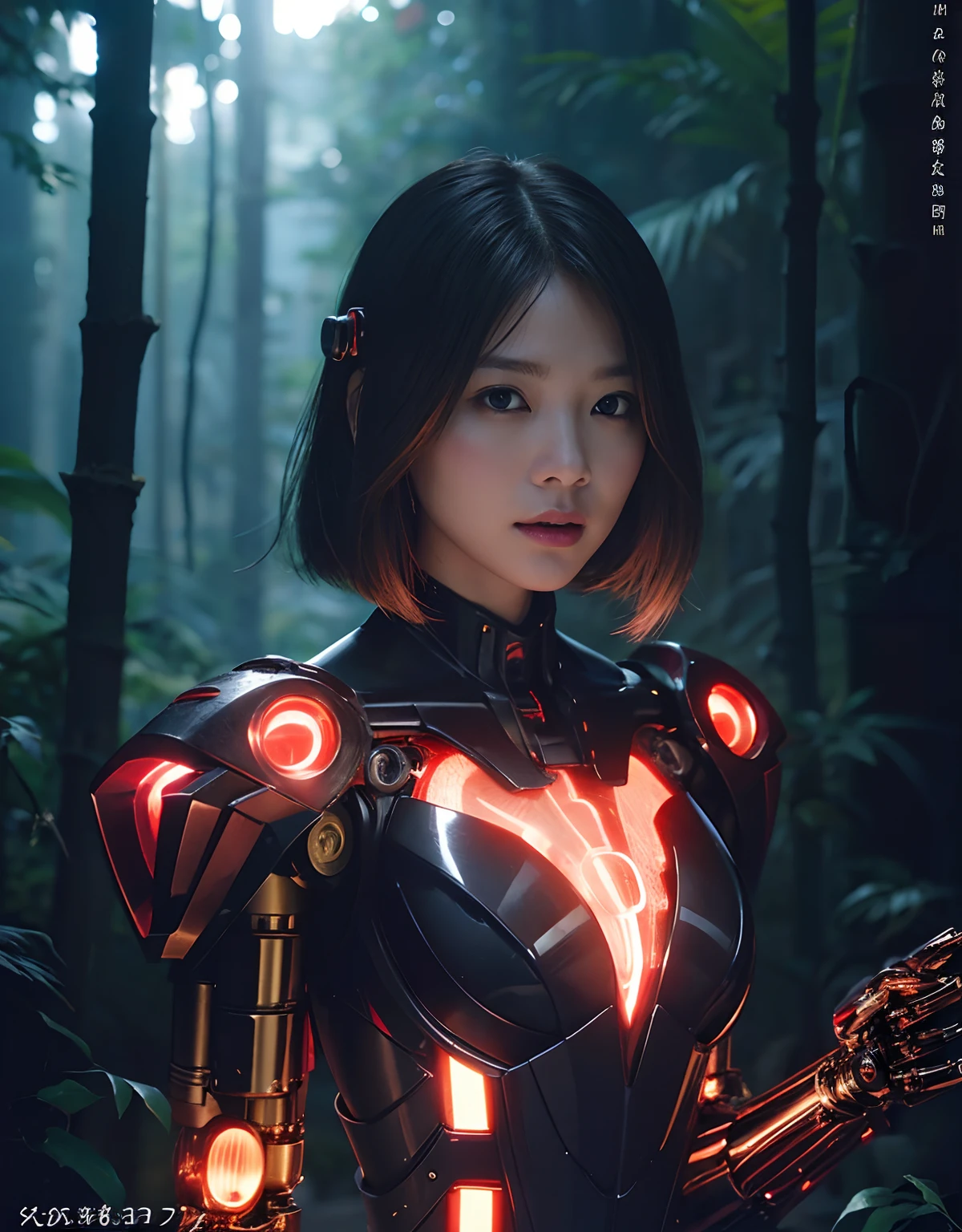 (1 Mechanical Girl)、top-quality、masterpiece、超A high resolution、(Photorealsitic:1.4)、Raw photo、女の子1人、Golden hair、glowy skin、(((1 Mechanical Girl)))、With a beautiful knife、(Red Metal Bodysuit)、(beautiful forest background)、Precipitous cliffs、(Small LED)、((super realistic details))、portlate、globalillumination、Shadow、octan render、(One-Eyed Scouter)、8K、ultrasharp、Colossal tits、Raw skin is exposed in cleavage、metals、Details of complex ornaments、Japan details、highly intricate detail、Realistic light、CGSoation Trends、Red Eyes、radiant eyes、Facing the camera、neon details、(Mechanical limbs)、(blood vessels connected to tubes)、Mechanical vertebrae attached to the back、mechanical cervical attaching to neck、(Wires and cables connecting to the head)、Gundam、Small LED、,Mechanical thighs、Toostock、(Hands are also made of machines)、(Please wear a mechanical helmet)、