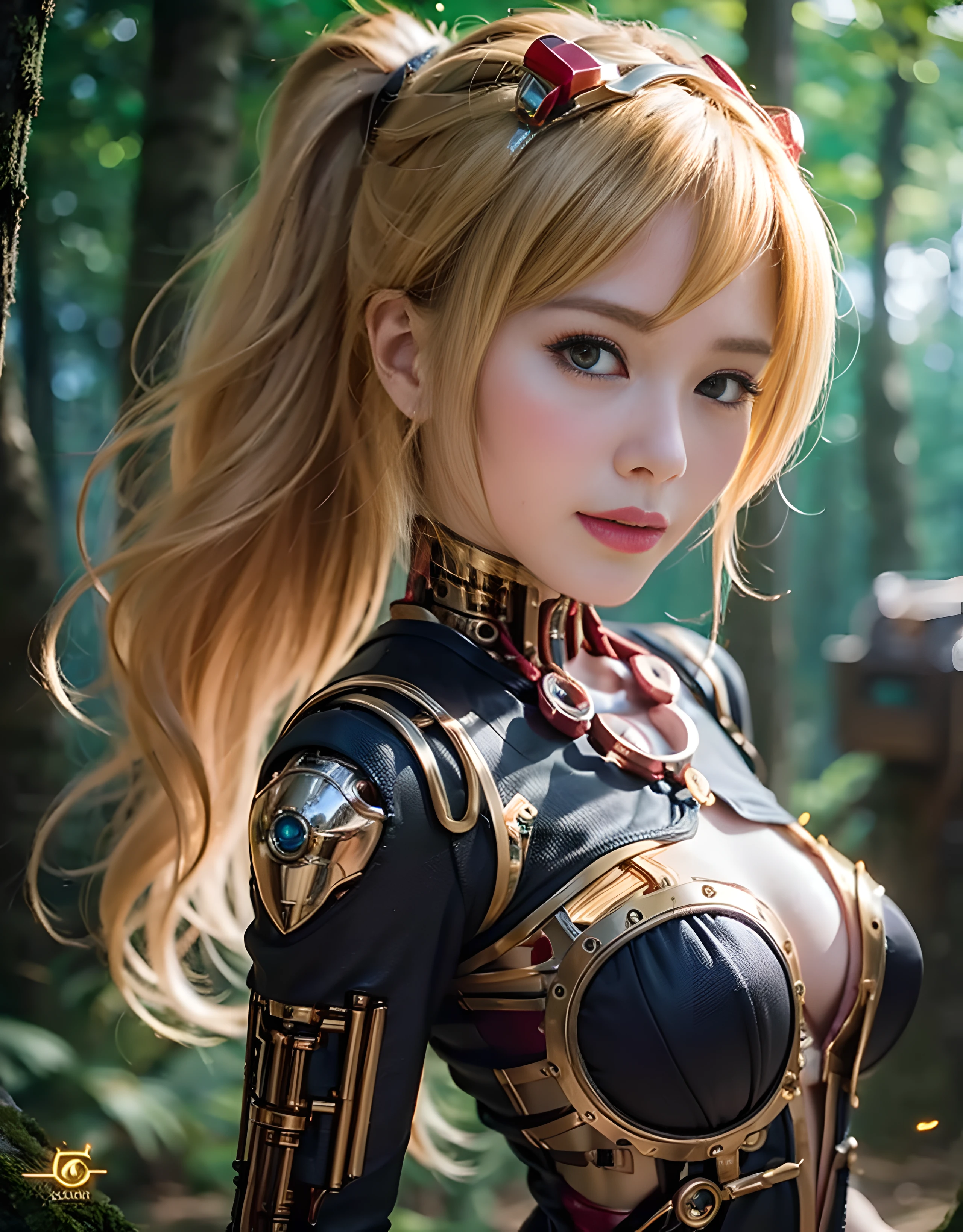 Cartoon woman in black shirt and jacket is putting her ear to something, 1girl in, cleavage, Blonde hair, Solo, Large breasts, Mole, Looking at Viewer, Short hair, blush, mole under mouth, Brown eyes, (1 Mechanical Girl)、top-quality、masterpiece、超A high resolution、(Photorealsitic:1.4)、Raw photo、1人、Golden hair、glowy skin、(((1 Mechanical Girl)))、With a beautiful knife、(Red Metal Bodysuit)、(beautiful forest background)、Precipitous cliffs、(Small LED)、((super realistic details))、portlate、globalillumination、Shadow、octan render、(One-Eyed Scouter)、8K、ultrasharp、Colossal tits、Raw skin is exposed in cleavage、metals、Details of complex ornaments、Japan details、highly intricate detail、Realistic light、CGSoation Trends、Red Eyes、radiant eyes、Facing the camera、neon details、(Mechanical limbs)、(blood vessels connected to tubes)、Mechanical vertebrae attached to the back、mechanical cervical attaching to neck、(Wires and cables connecting to the head)、Gundam、Small LED、,Mechanical thighs、Toostock、(Hands are also made of machines)、(Please wear a mechanical helmet)、