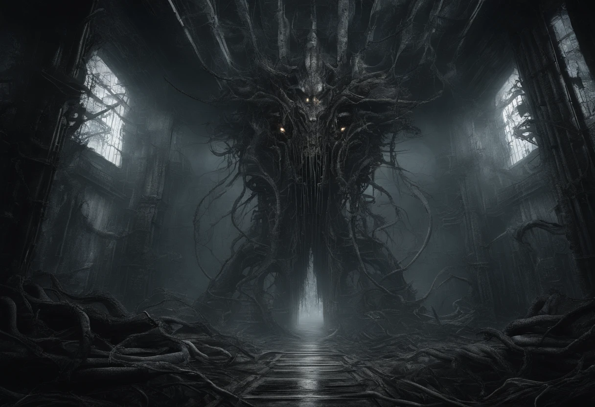 (best quality,4k,highres,masterpiece:1.2),ultra-detailed,realistic,mechanical biomorphism,horrifying,elaborate horror art,detailed grotesque forms,nightmarish imagery,macabre machine-like organisms,hyperrealistic cybernetic creatures,dark surrealism, quantized space,digital painting art,ominous atmosphere,ominous lighting,ominous colors,creeping darkness,shadows and highlights dance on the intricate textures,industrial decay and ruin,menacing mechanical tendrils,monumental structures dissolving into abstract patterns,nightmarish landscapes,interdimensional portal,unfathomable depths,mysterious fog,otherworldly dimensions,ominous aura,forbidding silence,haunting presence,ominous depths of the quantum realm.