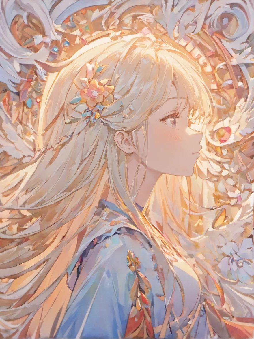 (White background:1.4),(Silhouette of a girl's head, Eyes closed, colorfull long hair, Oriental elements)，(Chinese illustration:1.3，paper art:1.3, Quilted paper art:1.2),( reasonable design, Clear lines, High sharpness,Best quality, Very detailed, Masterpiece, movie light effect, 4K )