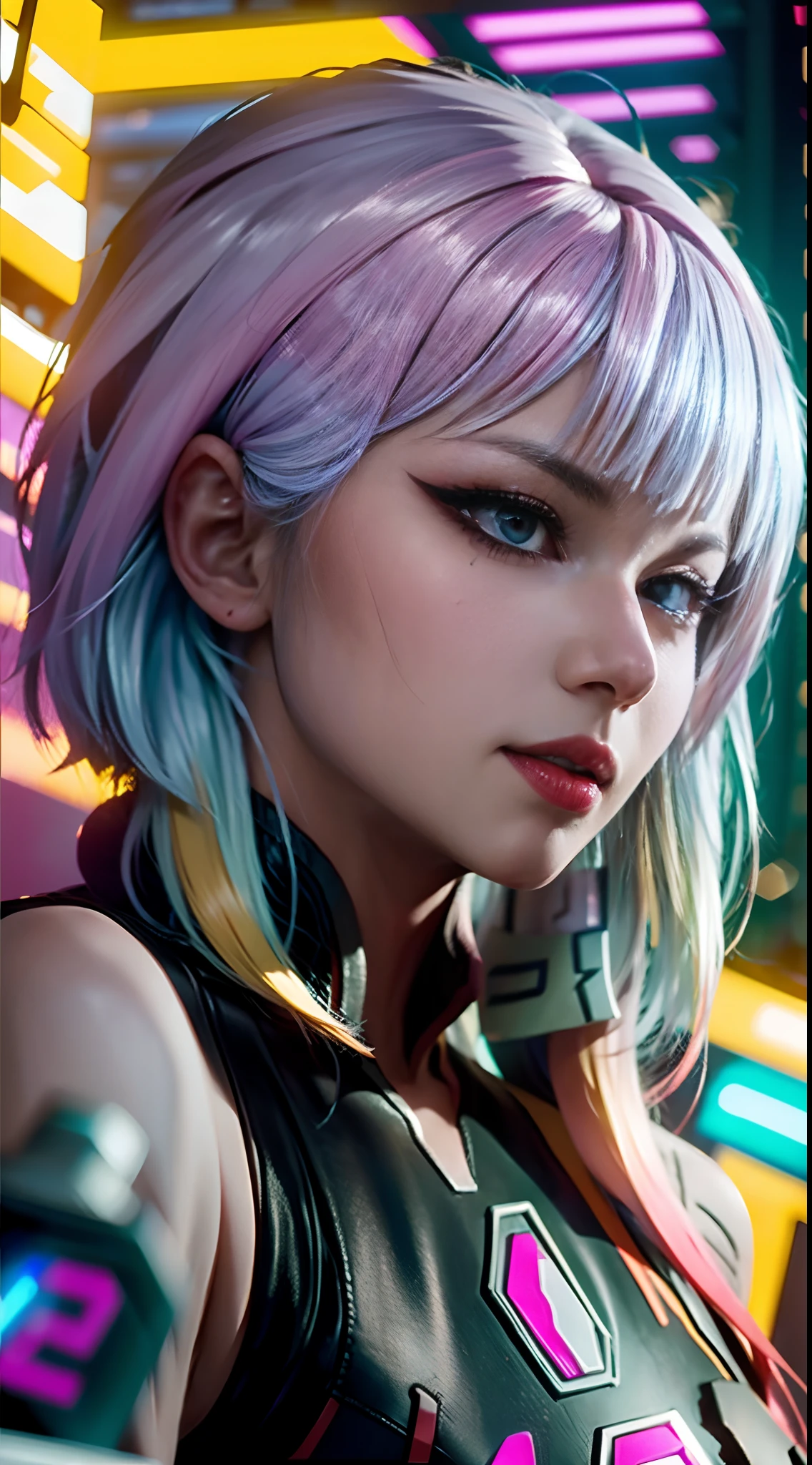 Cyberpunk 2077,Extreme light and shadow,Aurora chase,extremelycomplicateddetails,Extremely strong reflected light,Extreme ambient light,the city that never sleeps,Analog cameras,rendering by octane,8K,CGSociety trends,Extremely complex and delicate eye structure,facing at the camera,neon light detail,globalillumination,Front close-up,Super delicate facial features,Ultra-delicate skin,Cold,