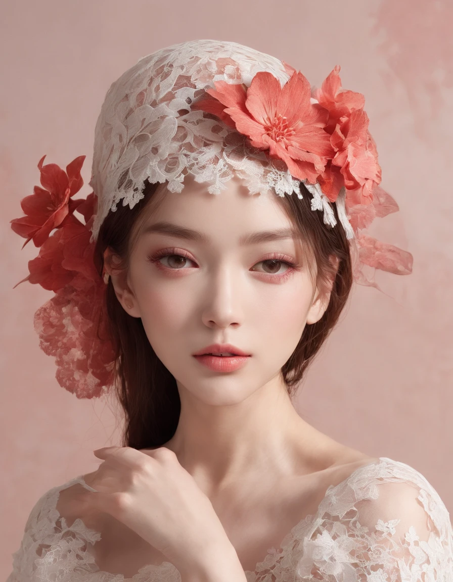 Pretty and very elegant girl wearing a talk cap decorated with big light red lace flowers. Her entire face is covered with lace. She wears a loose-fitting light red lace cocktail dress that hangs over her shoulders. Her skin is very shiny. Her arms are folded、The fingertips of one hand touch her chin. The background is beautiful black. The room is dimly lit.、She is gently illuminated.
Very shallow depth of field、the background is blurred. delicate hand