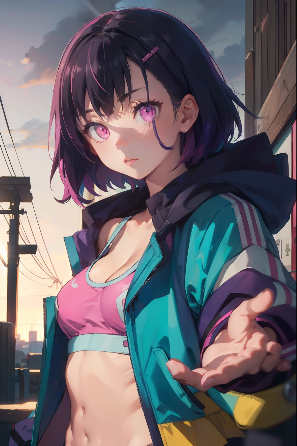 shizukamikazuki, shizuka mikazuki, short hair, purple hair, hair ornament, hairclip, (pink eyes:1.5), swept bangs, (small breast:1.2),
BREAK navel, cleavage, jacket, open clothes, midriff, hood, open jacket, blue jacket, hooded jacket, sports bra, hood down,
BREAK looking at viewer,
BREAK outdoors,
BREAK (masterpiece:1.2), best quality, high resolution, unity 8k wallpaper, (illustration:0.8), (beautiful detailed eyes:1.6), extremely detailed face, perfect lighting, extremely detailed CG, (perfect hands, perfect anatomy),