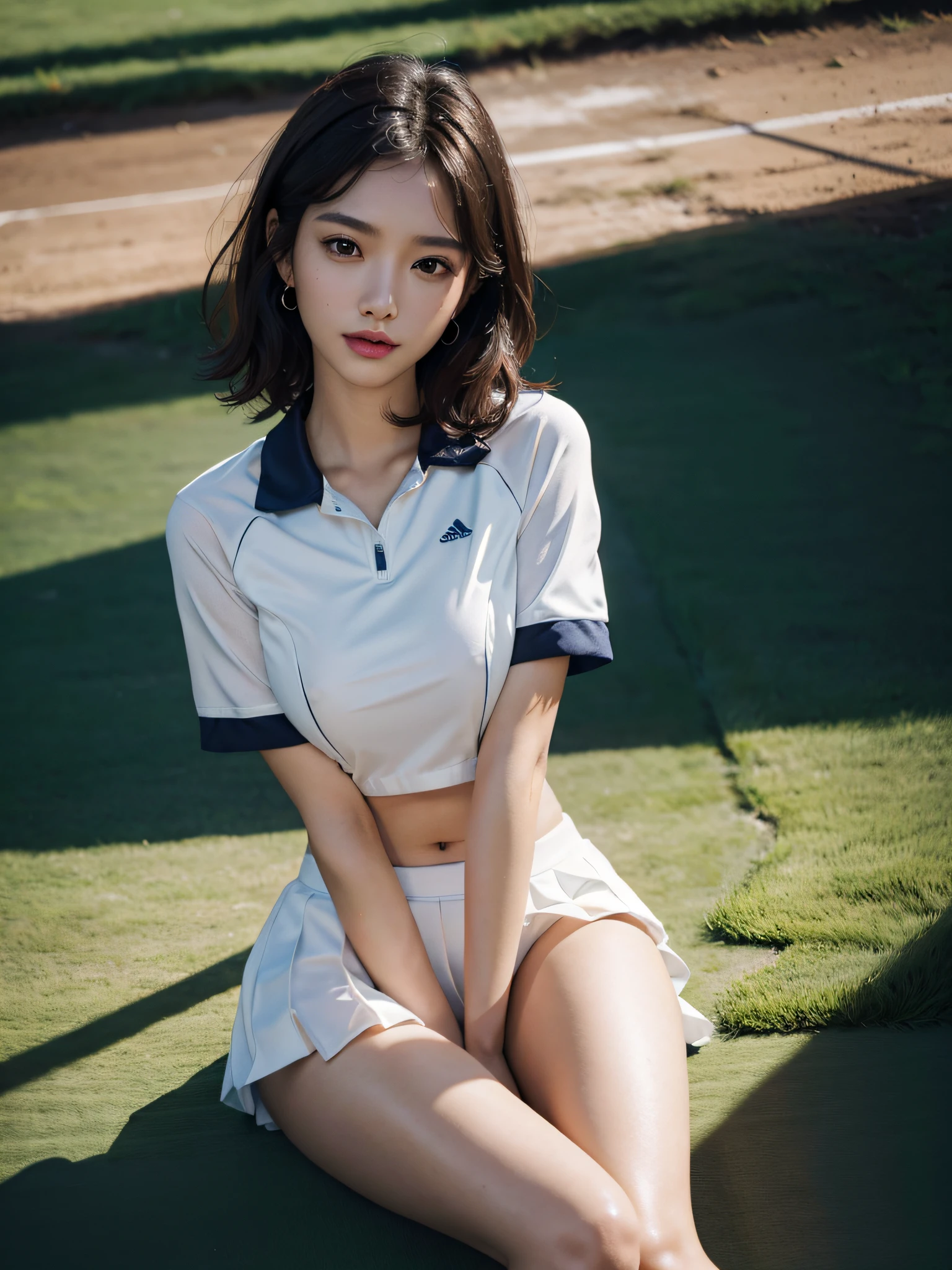 absurdres, RAW photo, extremely delicate and beautiful, masterpiece, Best Quality, ultra high resolution, 16k, hyperrealistic, ultra-detailed, Very detailed CG 8k wallpaper, Beautiful Lighting, Perfect Lightning, Realistic Shadows, perfect anatomy, super Detailed shiny skin, perfect figure, Japanese woman, late 20s, very Slim body, narrow waist, very small head, handsome detailed woman, very detailed eyes and face, realistic face proportions, Stunning detailed eyes, Realistic beautiful face, very small face, Realistic small beautiful eyes, double eyelids, makeup, tearful mole, mole on chest, earring, bare legs, beautiful and very thin legs, beautiful and very thin thighs, midriff peek, ((very huge round breasts)), (full body shot), (short hair), wavy hair, ((tennis uniform)),