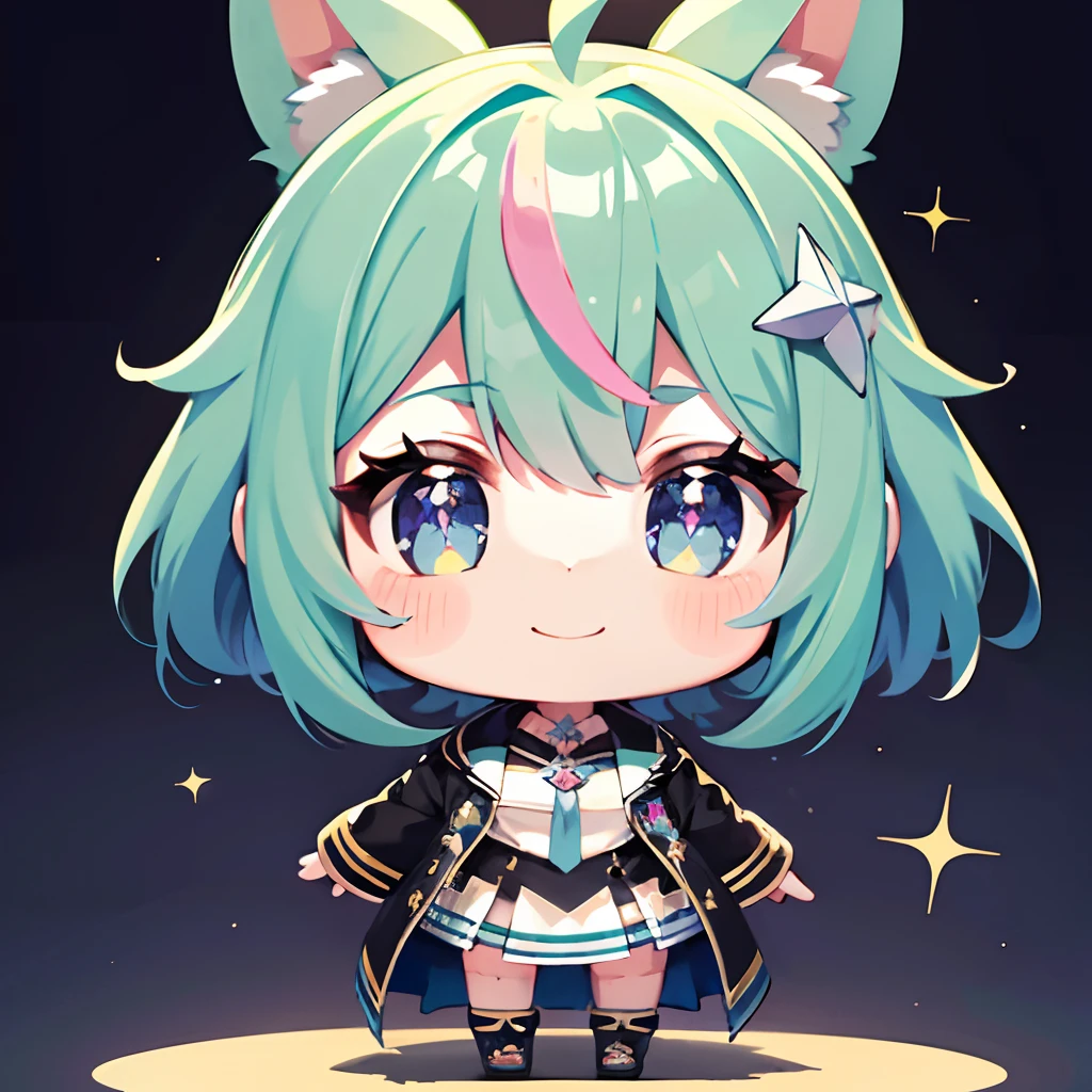 超A high resolution, Best aesthetic, Top quality depiction of the foot, Put on a jacket,  Green and blue hair on the back, Flat Avatar,  Anime visuals of cute girls, Cute art style, Chibi,  Shorthair, Ahoge, is shy, A smile, hair adornments,Chest out, absurderes, superfine illustration,rainboweffect, hight resolution, ultra-detailliert,Light diffusion,highly detailed light reflection, Kaleidoscope, Harmonious, Best Shadow, highly detailed very beautiful big smile face, beautiful growing crystal diamond star pupil,look at viewr, beautiful detailed hair, Solo, Dynamic Pose, beautiful detailed pink and black ribon, beautiful detailed High school uniform, Fantastic and sparkling throughout、Shooting stars and windy background detail background