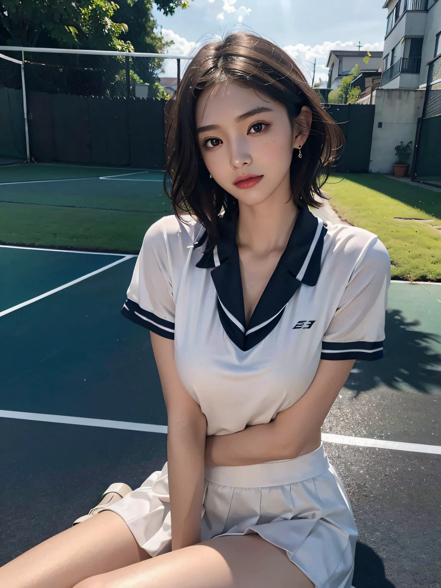 absurdres, RAW photo, extremely delicate and beautiful, masterpiece, Best Quality, ultra high resolution, 16k, hyperrealistic, ultra-detailed, Very detailed CG 8k wallpaper, Beautiful Lighting, Perfect Lightning, Realistic Shadows, perfect anatomy, super Detailed shiny skin, perfect figure, Japanese woman, late 20s, very Slim body, narrow waist, very small head, handsome detailed woman, very detailed eyes and face, realistic face proportions, Stunning detailed eyes, Realistic beautiful face, very small face, Realistic small beautiful eyes, double eyelids, makeup, tearful mole, mole on chest, earring, bare legs, beautiful and very thin legs, beautiful and very thin thighs, midriff peek, ((very huge round breasts)), (full body shot), (short hair), wavy hair, ((tennis uniform)),
