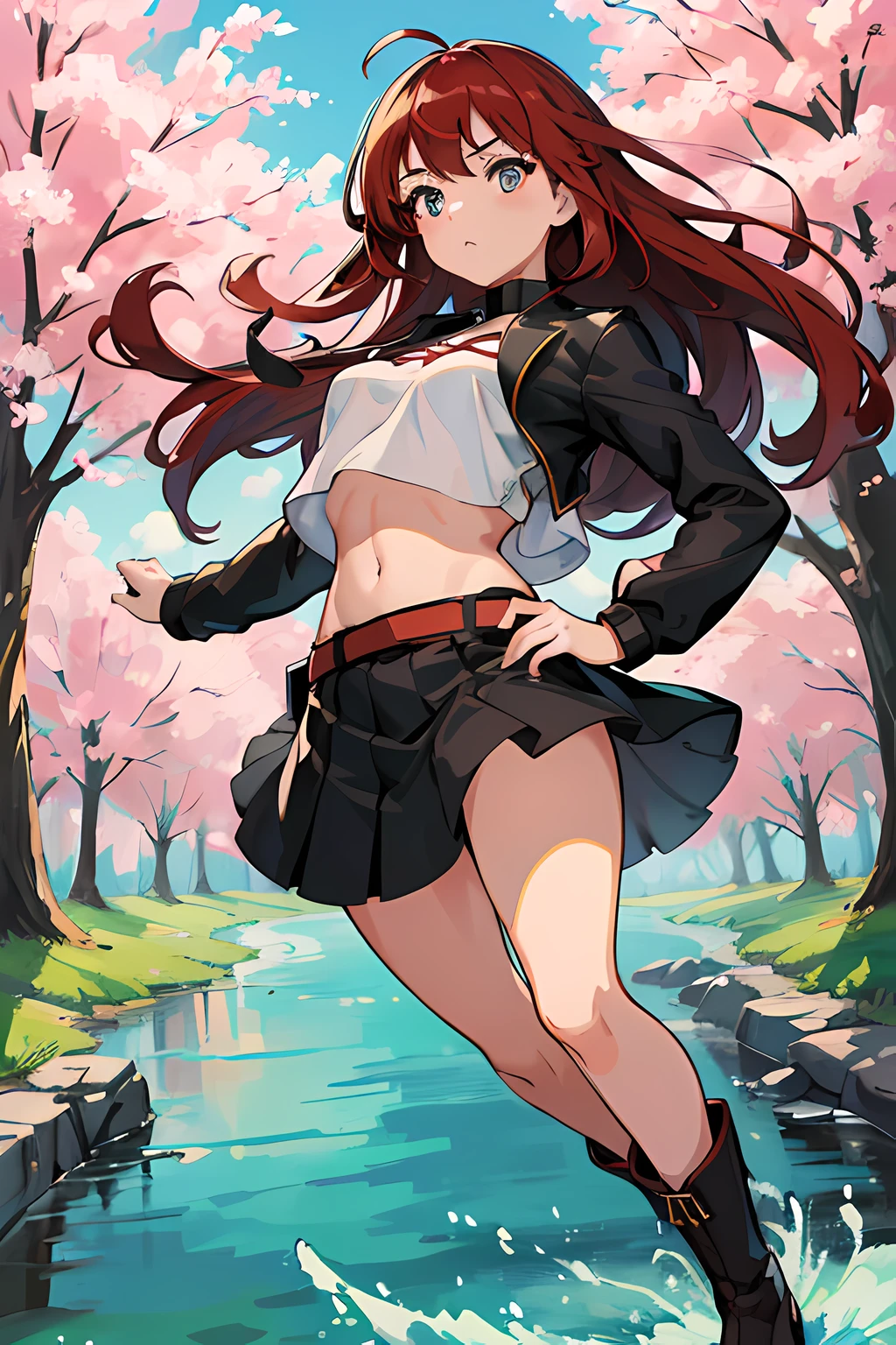 (best quality, masterpiece), official art, illustration, ligne claire, highres, absurdres, ultra-detailed, 8k, cel shading, 1girl, long red hair, side cut hairstyle, forest, spring, sakura, leafs, tree, river, white crop top, cutout above navel, black skirts, black belt, brown boots, absurdres, high res, ultrasharp, 8K, masterpiece,1 girl, full body, (a beautiful young woman: 1.1), beautiful detailed eyes, (looking at the viewer), vibrant, clothing, posing, colorful, dynamic, background, elements, confident, expression, majestic, cover, eye-catching, anime coloring, (anime screencap:1.2)