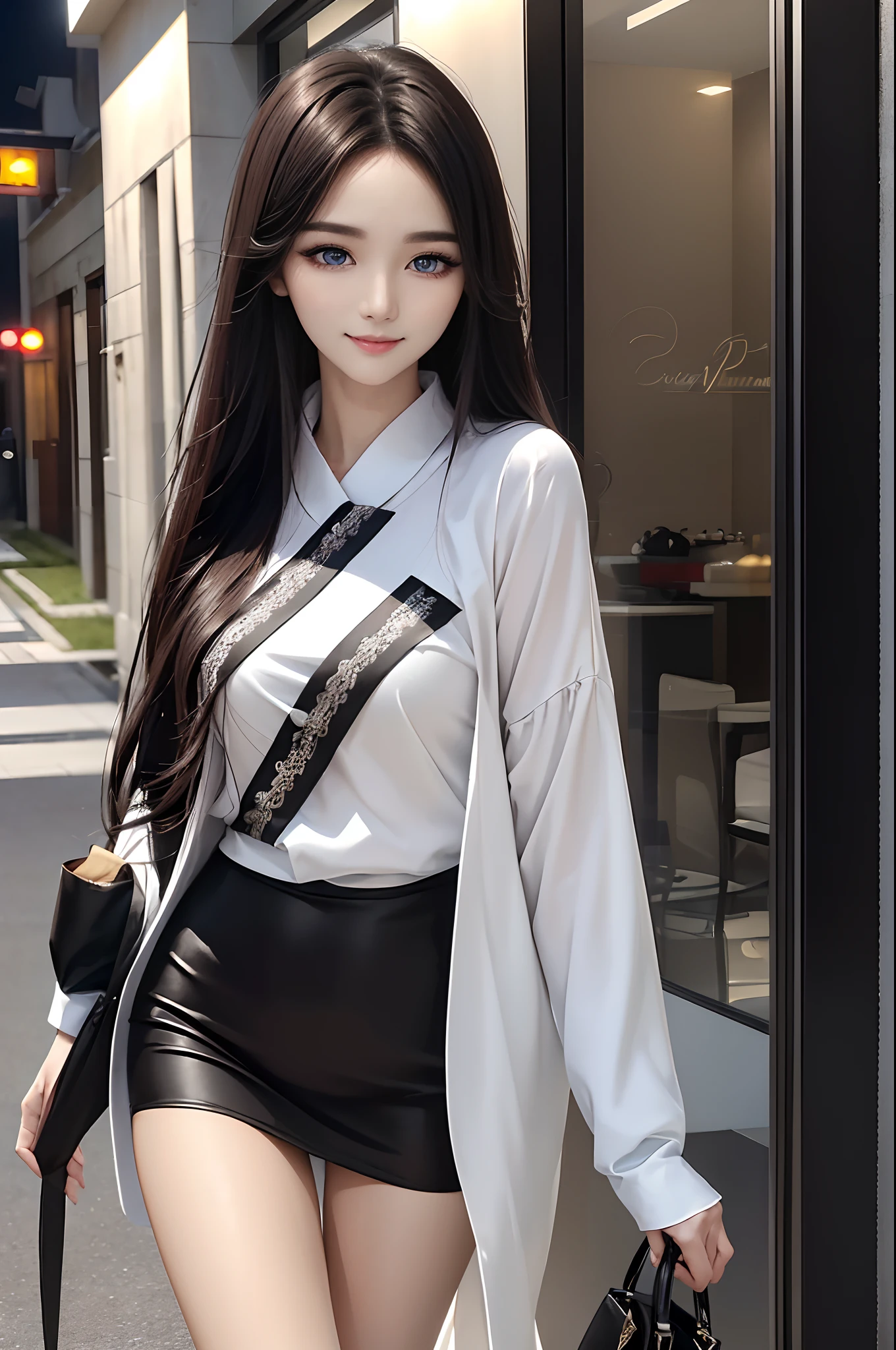 ((4K works))、​masterpiece、（top-quality)、((one beautiful women))、Slim body、((Stylish black and white attractive clothes))、(Detailed beautiful eyes)、During a walk on the road at night、Face similar to Chaewon in Ruseraphim、((Cool brown long hair))、((Smaller face))、((Neutral face))、((Light blue eyes))、tall、((American Women))、((26 year old))、((cool lady))、((Adult sister))、((A shy smile on his face))、((Korean Makeup))、((elongated and sharp eyes))、((Happy dating))、((She is walking in front of the viewer))、((shot from a side angle))