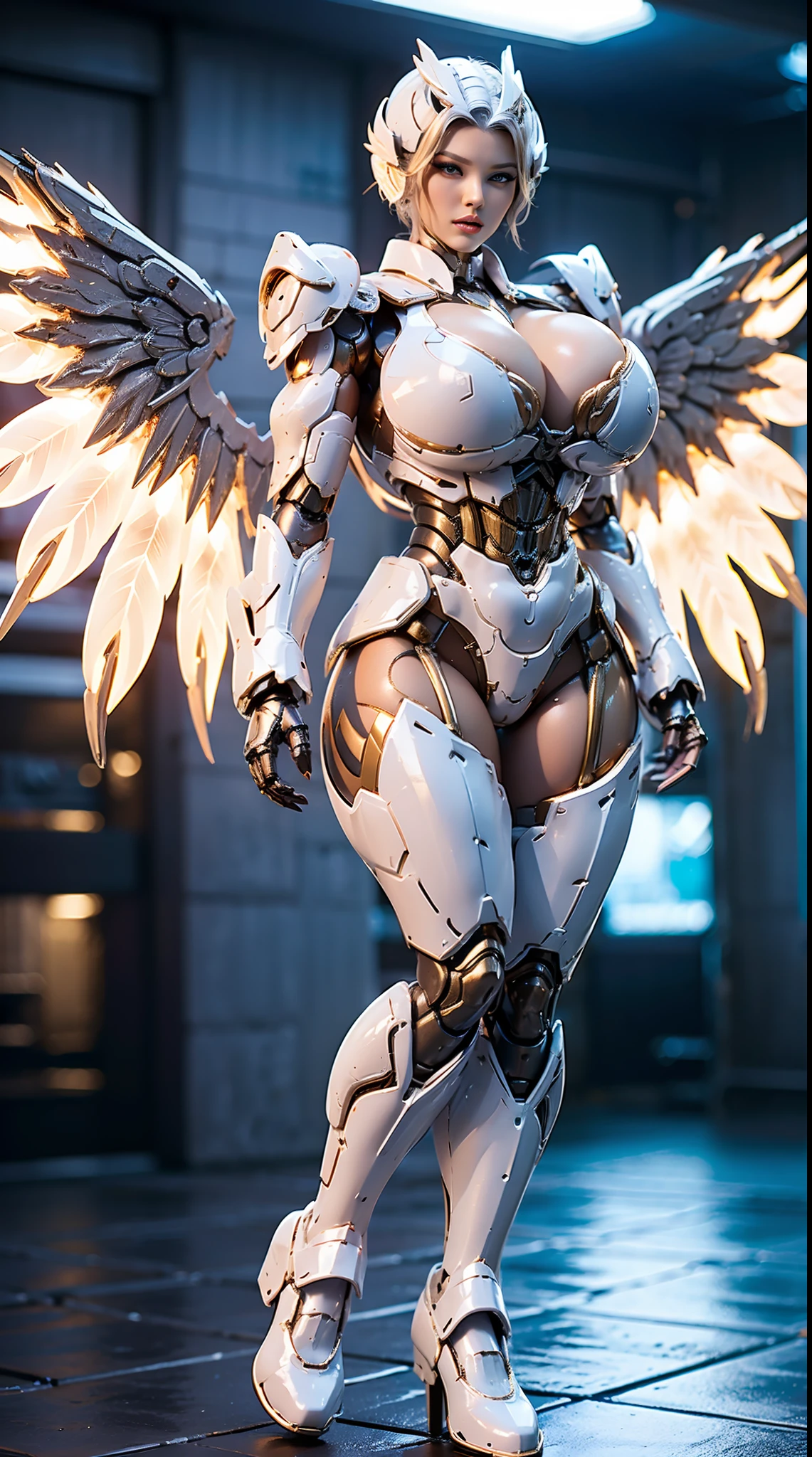 HUGE FAKE BOOBS, (BEAUTIFUL GOLDEN, WHITE), FUTURISTIC DRAGON ARMOR GEAR, FUTURISTIC MECHA SUIT, (CLEAVAGE), ((LARGEST MECHANICAL ANGEL WINGS)), (TALL LEGS), FRONT, (STANDING), SEXY BODY, MUSCLE ABS, UHD, 8K, 1080P.