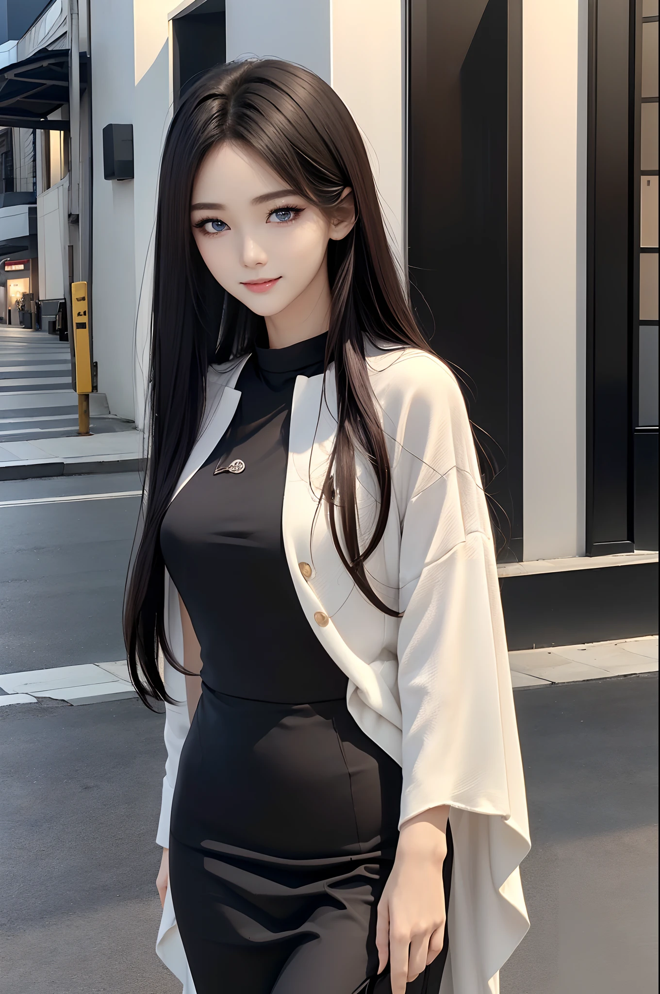 ((4K works))、​masterpiece、（top-quality)、((one beautiful women))、Slim body、((Stylish black and white attractive clothes))、(Detailed beautiful eyes)、During a walk on the road at night、Face similar to Chaewon in Ruseraphim、((Cool brown long hair))、((Smaller face))、((Neutral face))、((Light blue eyes))、tall、((American Women))、((26 year old))、((cool lady))、((Adult sister))、((A shy smile on his face))、((Korean Makeup))、((elongated and sharp eyes))、((Happy dating))、((She is walking in front of the viewer))、((shot from a side angle))