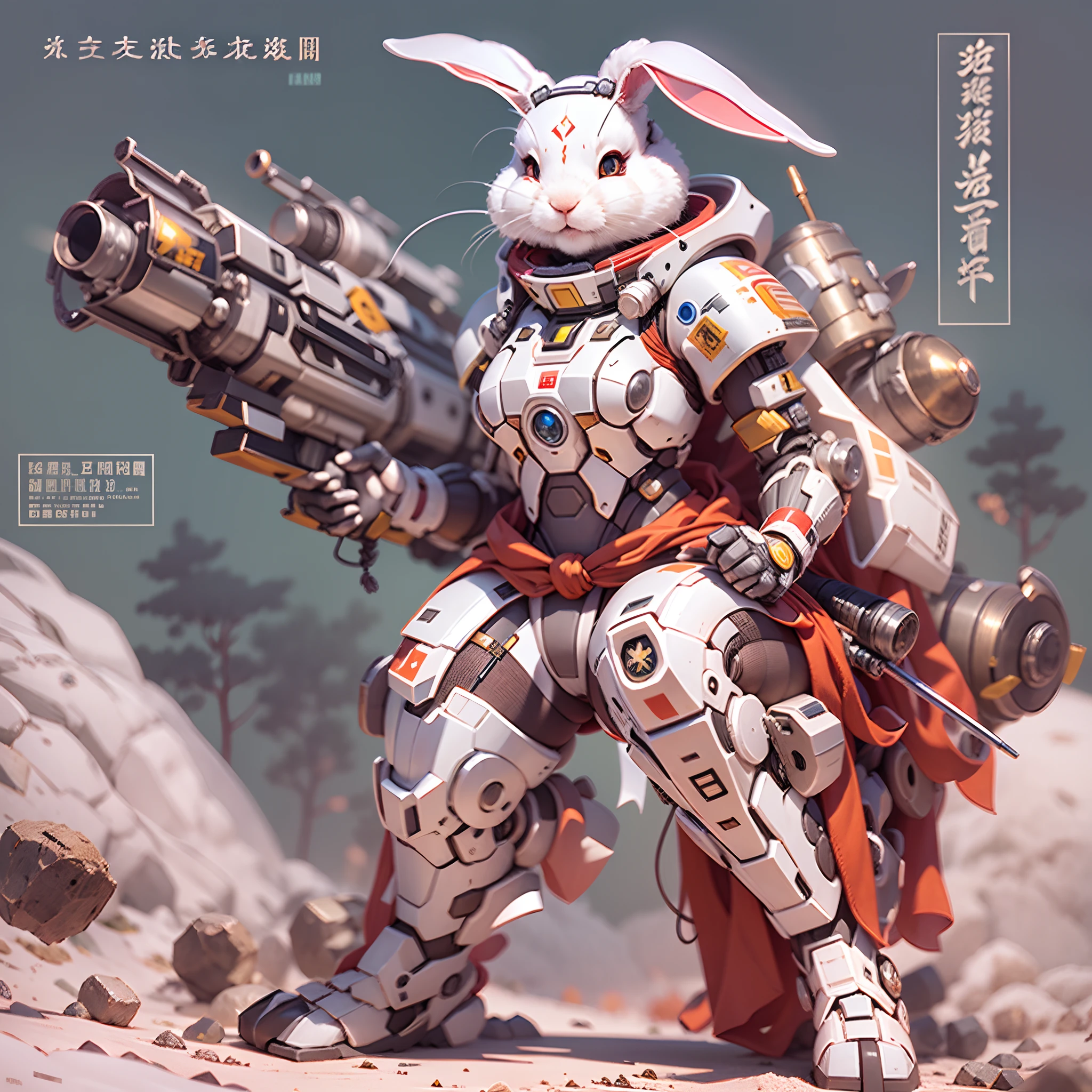 Fighter mech white rabbit on the moon,Lunar environment,studio lit,Beautiful woman in a furry bunny suit,The forehead is decorated with precious stones,Silver pen drawings,清晰的线条,Global close-up,Sit on a white fighter mech rabbit,Equipped with a six-barreled Gatling cannon and a laser sword,first person perspective,Chinese elements,Festive atmosphere,Golden-red,Dramatic lighting,Granular film,Ray traching,