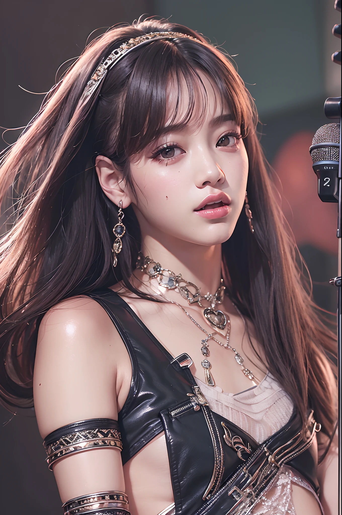 masterpiece、top-quality、Raw photo、Photorealsitic、hugetits、face lights、shinny skin、hight resolution、super detailing、Black Choker、A dark-haired、Medium Hair、Singing at karaoke