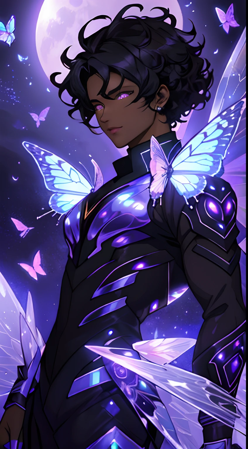 Dark skin man, curly black hair, surrounded by butterflies, crystal futuristic outfit, soft pretty face, ethereal, beautiful moon background, anime style, fierce look, glowing purple eyes
