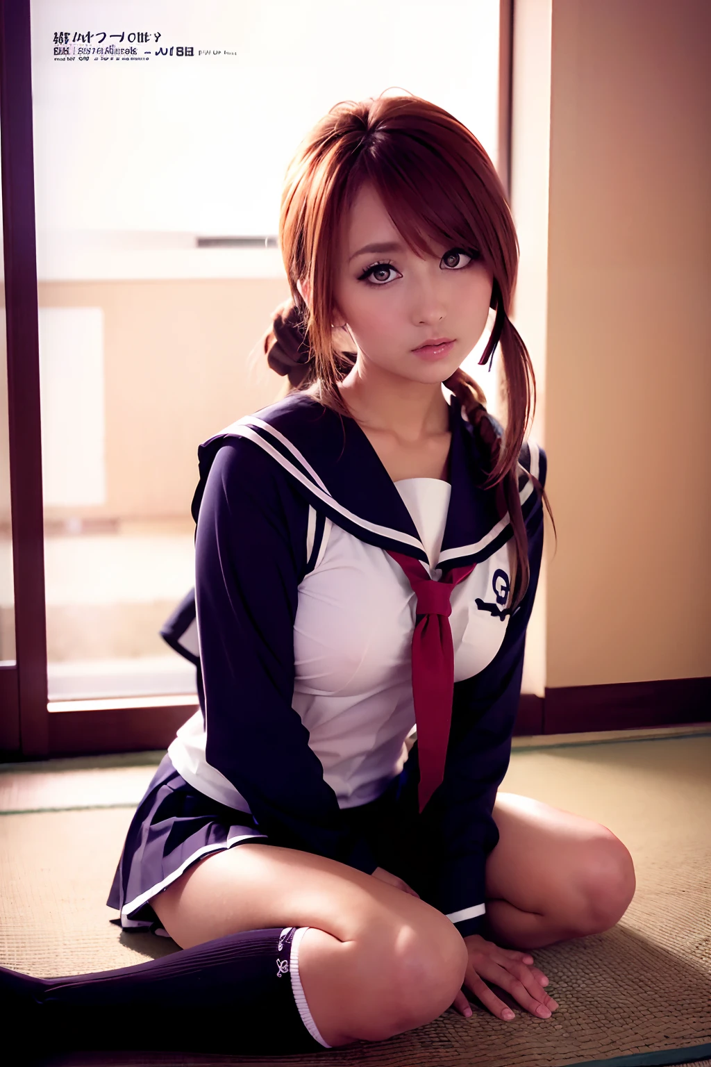 there is a woman sitting on the floor wearing a sailor outfit, a picture inspired by Tsubasa Nakai, tumblr, shin hanga, ayaka cosplay, japanese girl school uniform, japanese school uniform, rei hiroe, wearing japanese school uniform, aya takano color style, cute schoolgirl, of a schoolgirl posing, aya takano