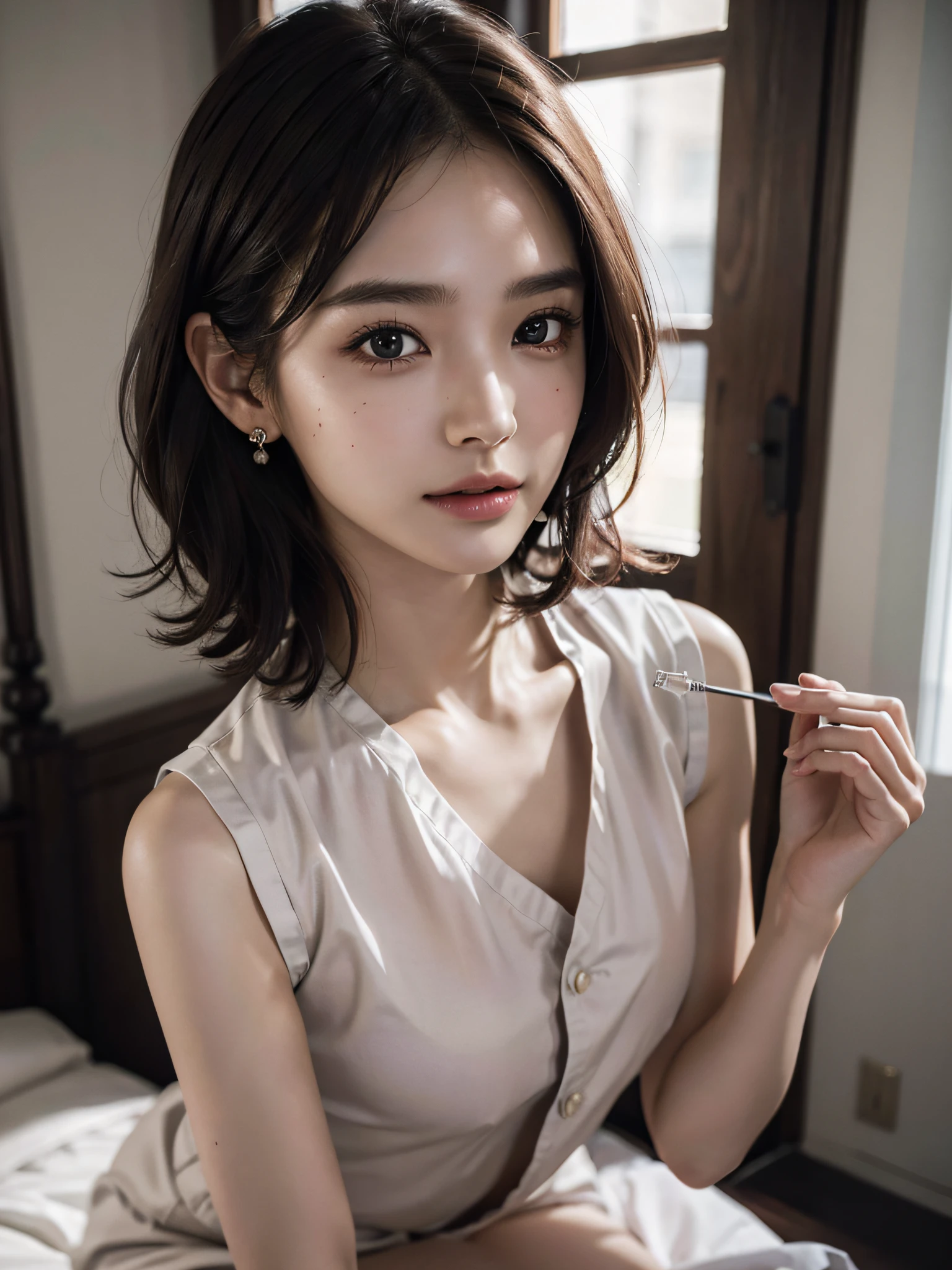 absurdres, RAW photo, extremely delicate and beautiful, masterpiece, Best Quality, ultra high resolution, 16k, hyperrealistic, ultra-detailed, Very detailed CG 8k wallpaper, Beautiful Lighting, Perfect Lightning, Realistic Shadows, perfect anatomy, super Detailed shiny skin, perfect figure, Japanese woman, late 20s, very Slim body, narrow waist, very small head, handsome detailed woman, very detailed eyes and face, realistic face proportions, Stunning detailed eyes, Realistic beautiful face, very small face, Realistic small beautiful eyes, double eyelids, makeup, tearful mole, mole on chest, earring, bare legs, beautiful and very thin legs, beautiful and very thin thighs, sleeveless, ((very huge round breasts)), (full body shot), (short hair), wavy hair, ((nurse uniform)),