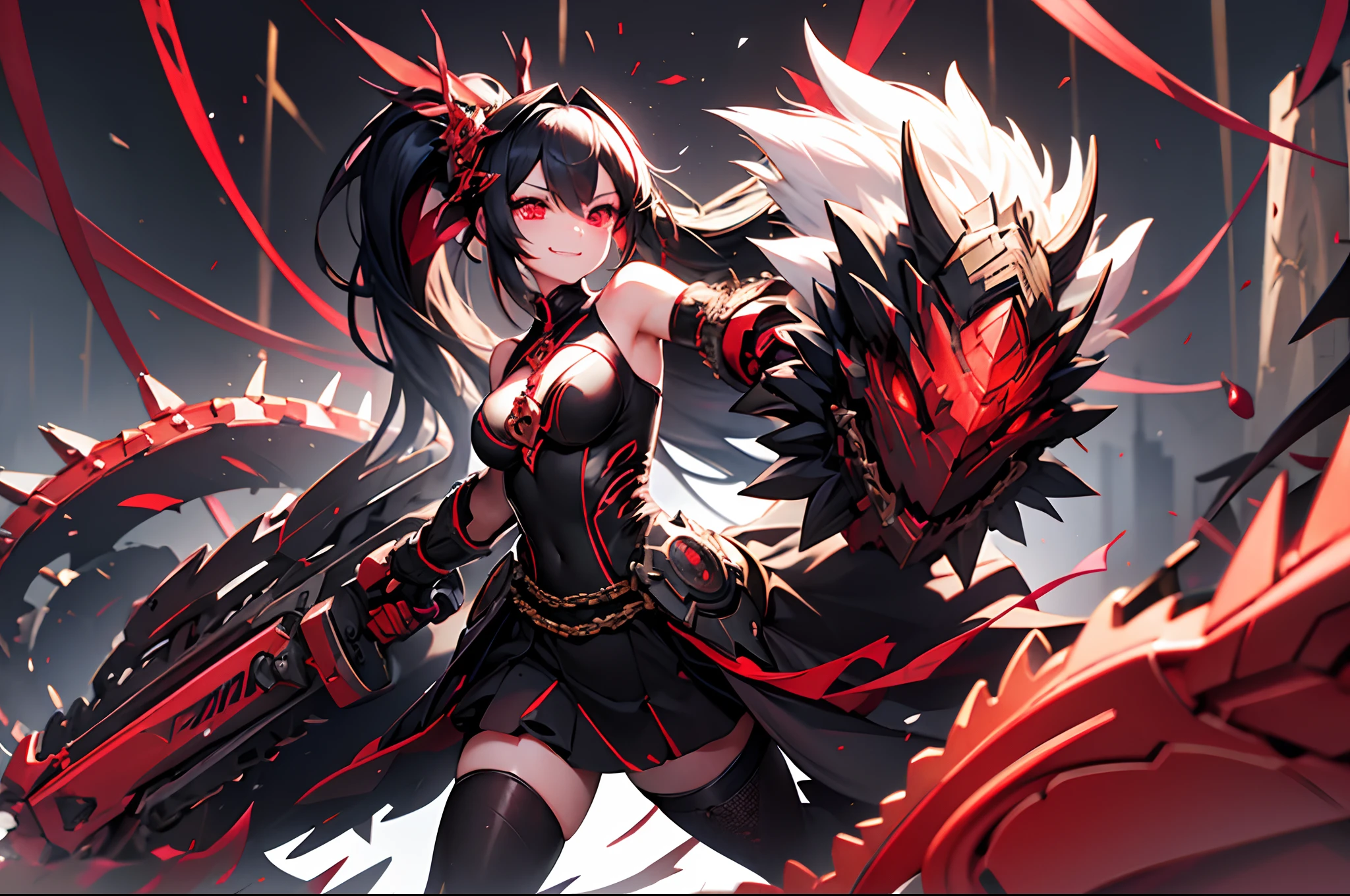 Fighting Princess。Chainsaw in hand。Hold a big weapon。Yandere Face。A smile。black and red armor。bodystocking。The navel is visible。red eyes。Chained arrays。Tangled chains。sharp claws。Sexy。Dark indoor。