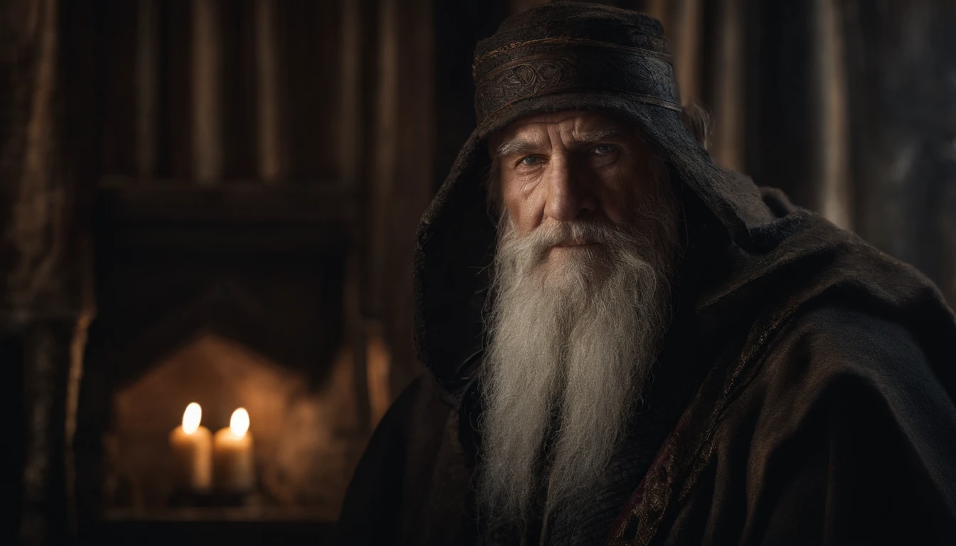 A portrait of a wizard, bearded, wrinkled, weathered, with piercing eyes, detailed face, high details, photography, dark studio, rim light, Nikon D850, 50mm, f/1.4