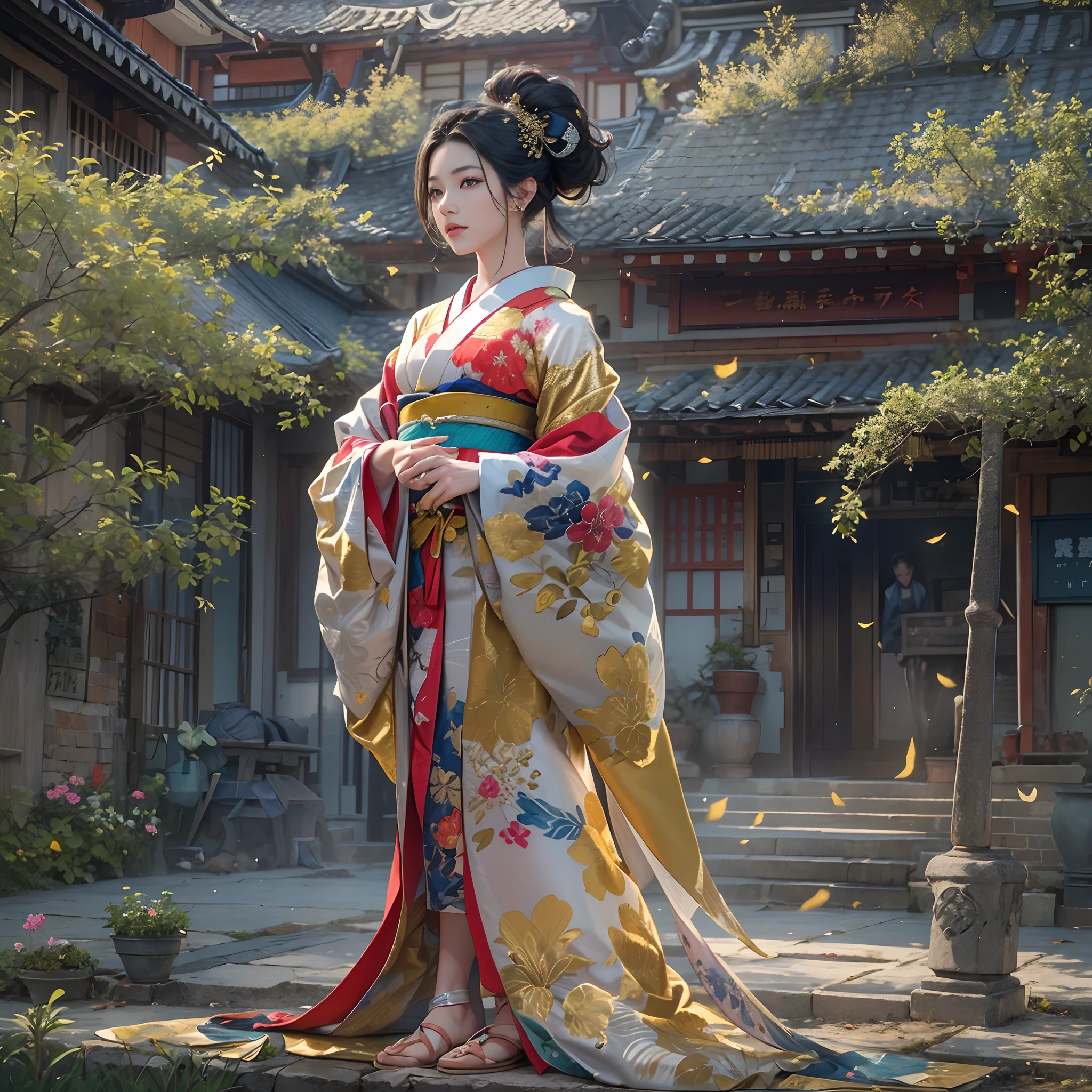 watching at viewers、Background with((ancient city:1.2)And the moon、(dense background:1.5))、BREAK {{{Luxury kimono(Colorful kimono(Detailed golden embroidery,))}}}、face perfect,Depict a beautiful and graceful woman of Japan,poneyTail、Woman with shiny black hair、perfect hand,Heart in the eye。odd eye,full body Esbian。 Wallpaper 8K, .Blur the background with a sickle,((masutepiece)), ((Best Quality))Wallpaper 16K, .Blur the background with a sickle,((masutepiece)), ((Best Quality)),epicd(Lige Fries Photography、sony a7、50 millimeters、pores:1.5、Farbe、ultra-detailliert:1.5、film grains:1.4、hyper realisitic:1.5)、octan render、 ultra realistic lifelike textures、masterpiece、unrealengine5、the Extremely Detailed CG Unity 8K Wallpapers、Madly detailed photo、Ultra-realistic light、(Pulitzer Prize for Best Photography、Taylor Wessing Award for Best Photography)