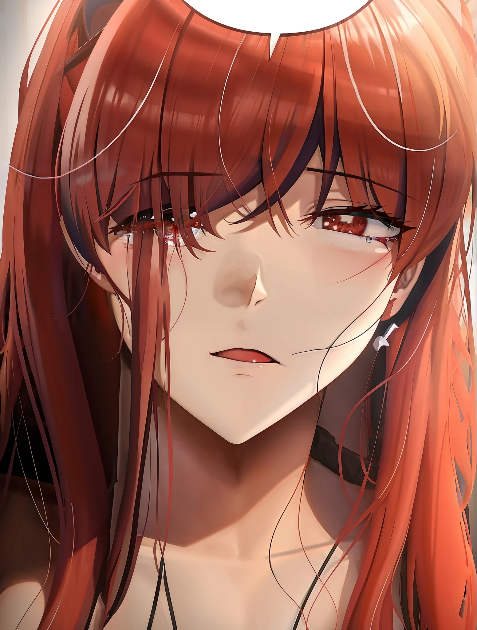 a close up of a woman with long red hair and a speech bubble, rias gremory, close up iwakura lain, giga chad crying, kurisu makise steins gate anime, & her expression is solemn, red tears, gapmoe yandere, with a sad expression, close up of iwakura lain, yandere