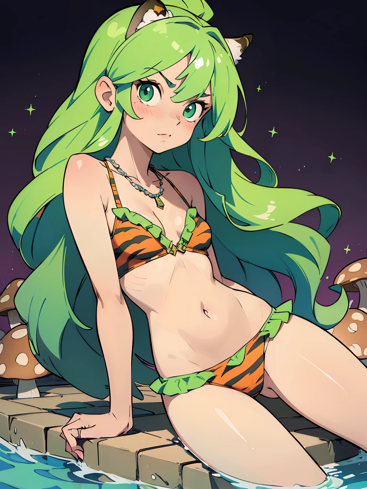 (cute girl:1.2), (starly eyes), 
(sparkle skin), (embarrassed mood:1.2), 
(long hair, slightly wavy hair, green gradation hair:1.2), (small horn:1.3), (mushroom on head:1.3), 
break
(bikini, frills, tiger pattern), cleavage, 
wearing gorgeous accessories, necklace, 
(medium breast:1.2), (focus hip:1.3), 
break
(pool edge:1.3), (sitting on edge), (looking viewers:1.2), 
break
(hyperrealistic, raw photo), (pastel:1.2), (flat color:1.2),