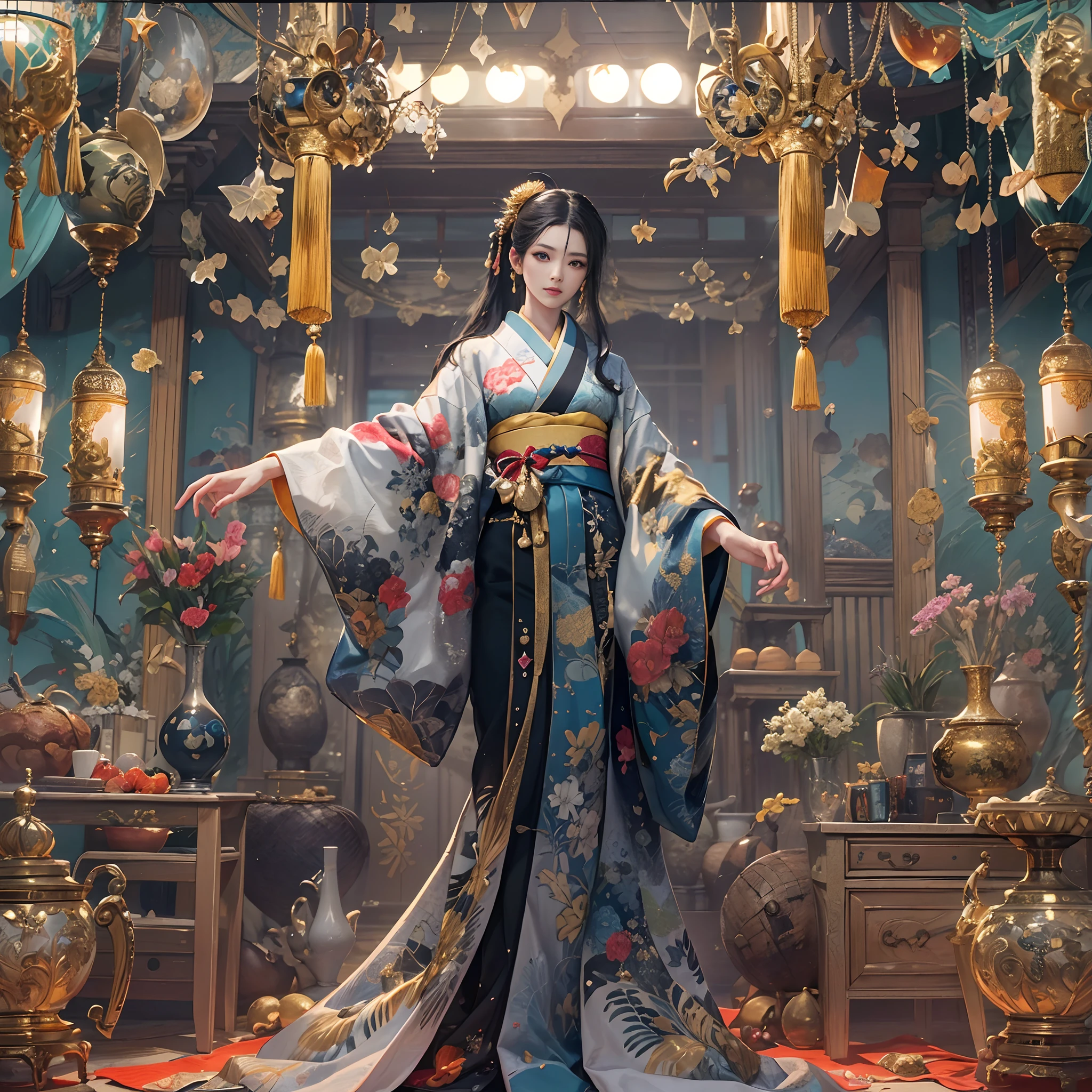 watching at viewers、Background with((ancient city:1.2)And the moon、(dense background:1.5))、BREAK {{{Luxury kimono(Colorful kimono(Detailed golden embroidery,))}}}、face perfect,Depict a beautiful and graceful woman of Japan,poneyTail、Woman with shiny black hair、perfect hand,Heart in the eye。odd eye,full body Esbian。 Wallpaper 8K, .Blur the background with a sickle,((masutepiece)), ((Best Quality))Wallpaper 16K, .Blur the background with a sickle,((masutepiece)), ((Best Quality)),epicd(Lige Fries Photography、sony a7、50 millimeters、pores:1.5、Farbe、ultra-detailliert:1.5、film grains:1.4、hyper realisitic:1.5)、octan render、 ultra realistic lifelike textures、masterpiece、unrealengine5、the Extremely Detailed CG Unity 8K Wallpapers、Madly detailed photo、Ultra-realistic light、(Pulitzer Prize for Best Photography、Taylor Wessing Award for Best Photography)
