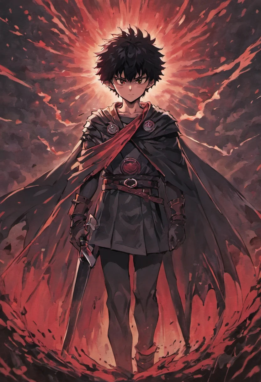 minimalist print for a shirt inspired by the manga and anime series 'Berserk.' The print should capture the dark and epic essence of the story but in a simplified, minimalist way. Use subdued colors and clean lines to represent one of the iconic characters, symbols, or standout elements from the series. Ensure the print is suitable for use on a shirt and conveys the sense of power and tragedy that Berserk evokes.