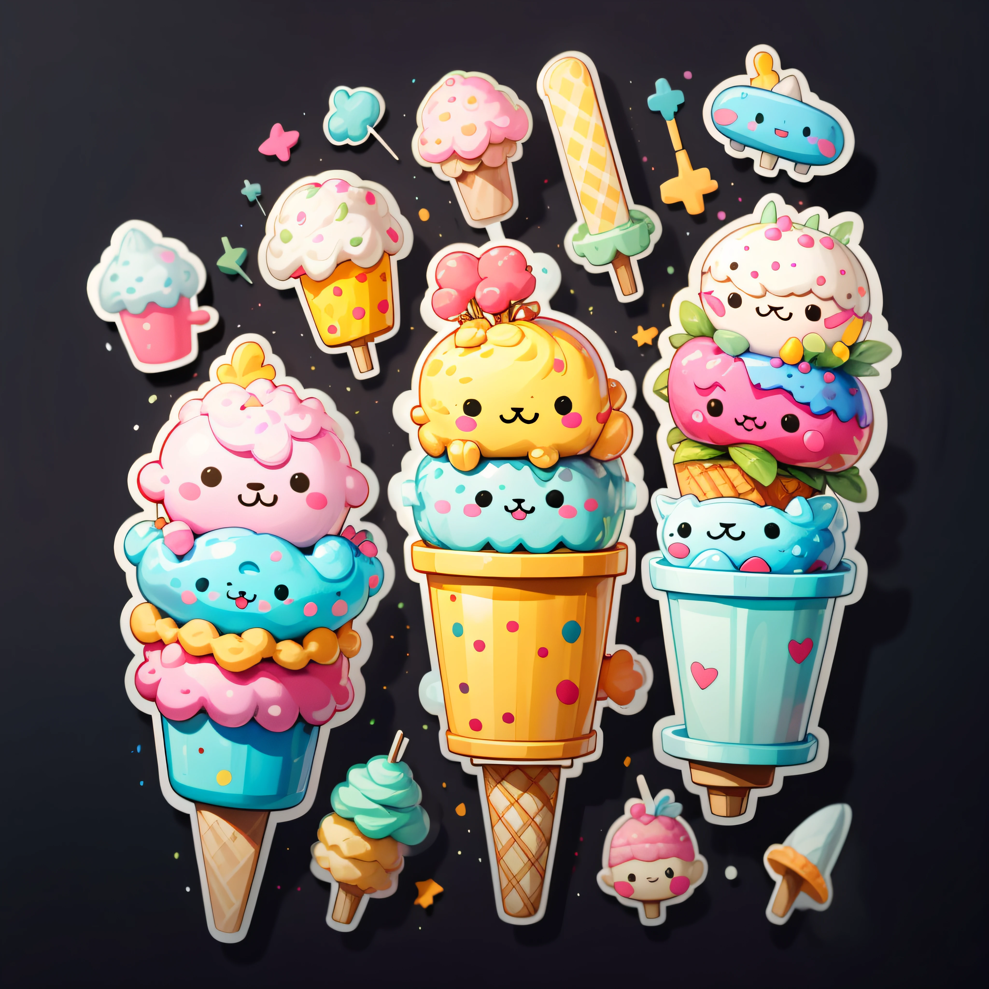 Stickers, cute all kinds of ice cream, simple background, overlook, overlook