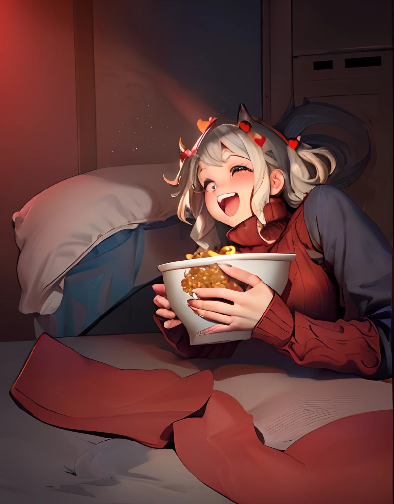 (masterpiece, best quality:1.2), volumetric lighting, cowboy shot, solo, 1girl, htmodeus, blush, open mouth, laughing, happy, looking at viewer, holding bowl of popcorns, heart-shaped pupils, informal, red sweater, turtleneck, sleeves past wrists, black shorts