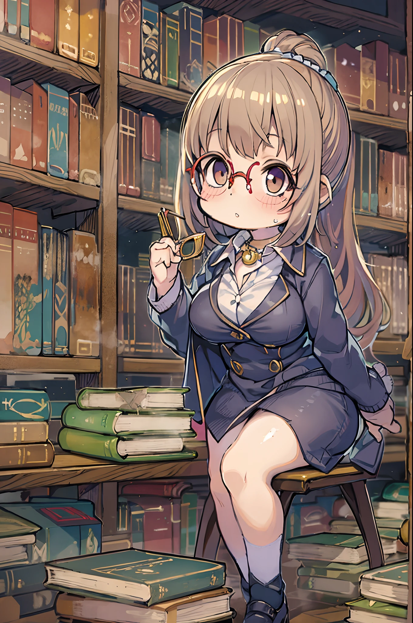 Huge library、1 librarian、One Woman、small round glasses、huge-breasted、Chibi