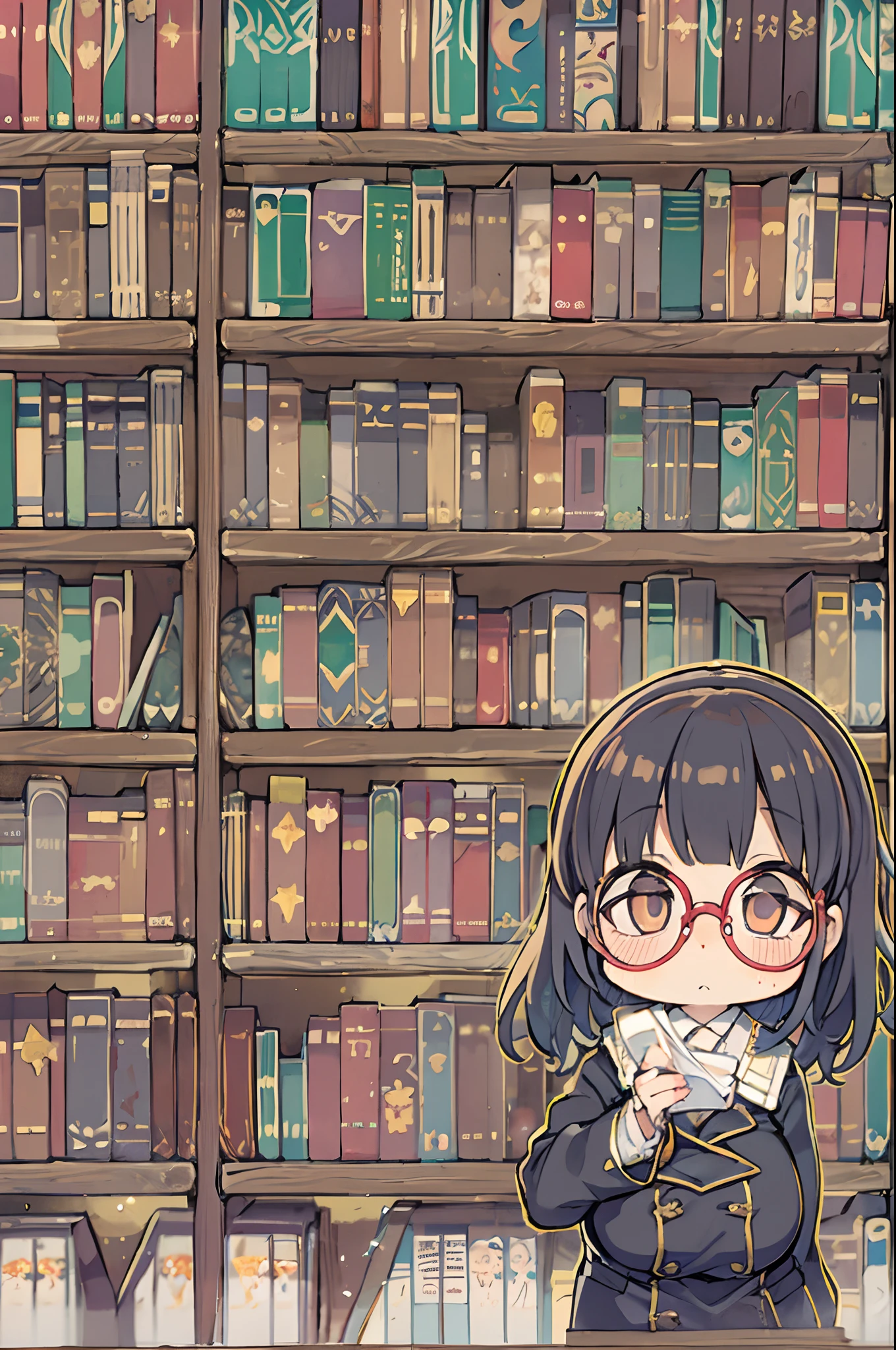 Huge library、1 librarian、One Woman、small round glasses、huge-breasted、Chibi