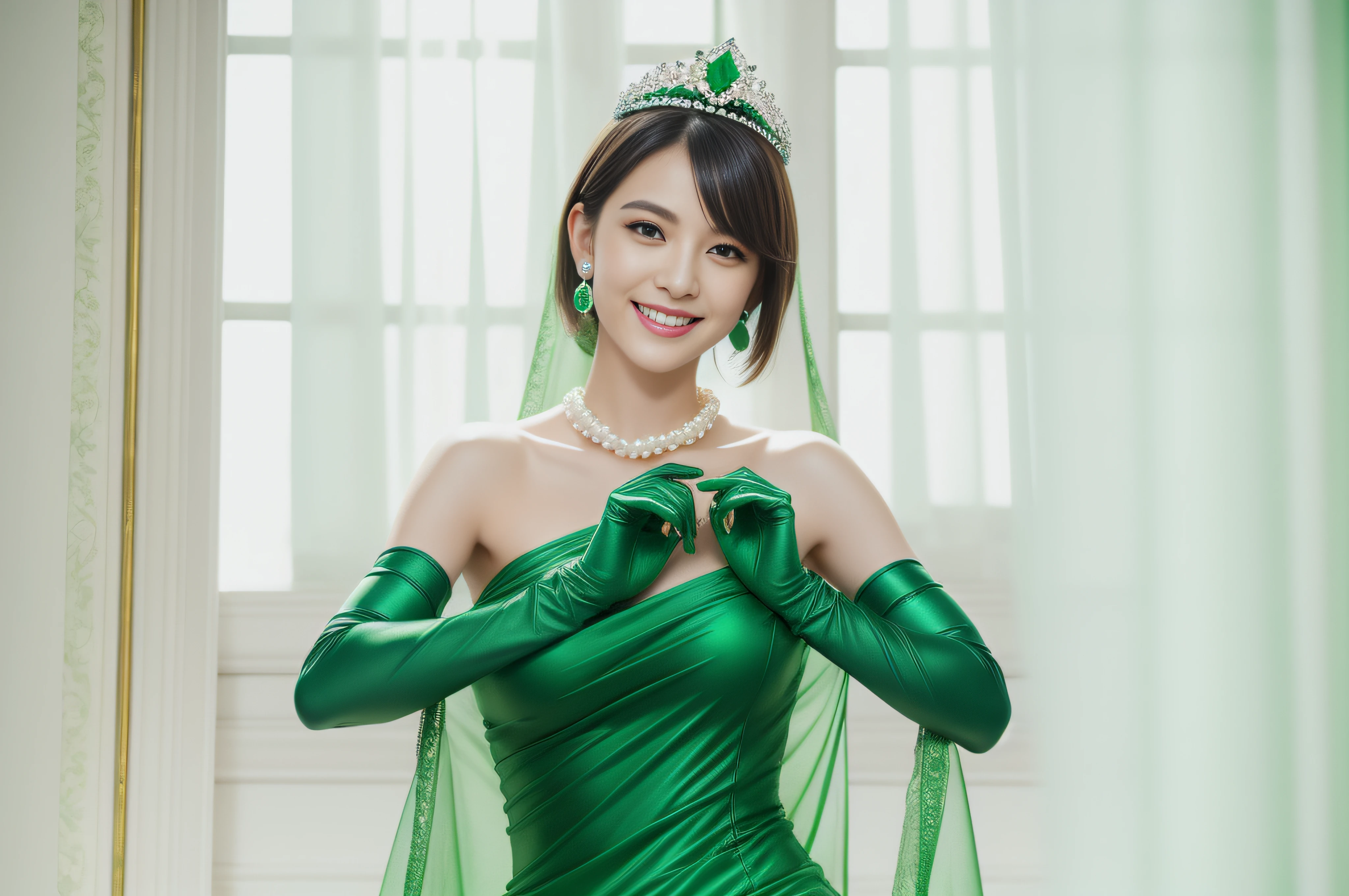 emerald tiara, Green Pearl Necklace, Boyish very short green hair, lipsticks, Japan woman smiling, very short short hair, big breasts beautiful, Green eyes, Long green gloves made of satin material, Green eyes, Emerald Earrings, Green dress