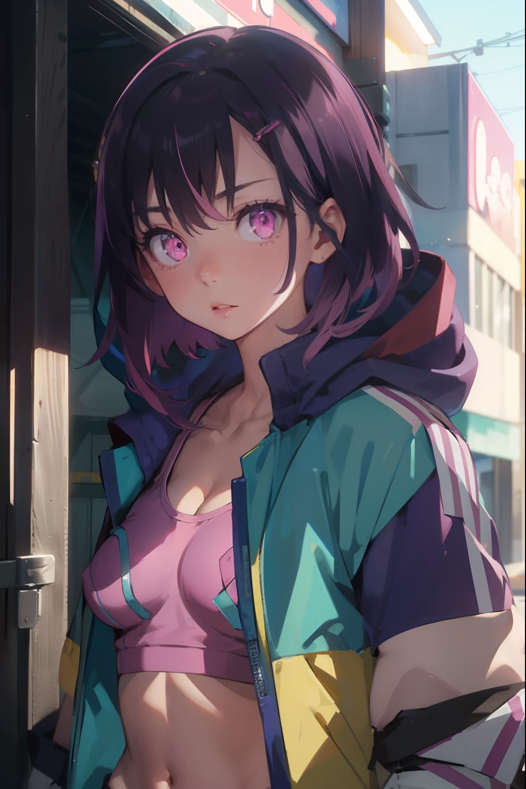 shizukamikazuki, shizuka mikazuki, short hair, purple hair, hair ornament, hairclip, (pink eyes:1.5), swept bangs, (small breast:1.2),
BREAK navel, cleavage, jacket, open clothes, midriff, hood, open jacket, blue jacket, hooded jacket, sports bra, hood down,
BREAK looking at viewer,
BREAK outdoors,
BREAK (masterpiece:1.2), best quality, high resolution, unity 8k wallpaper, (illustration:0.8), (beautiful detailed eyes:1.6), extremely detailed face, perfect lighting, extremely detailed CG, (perfect hands, perfect anatomy),